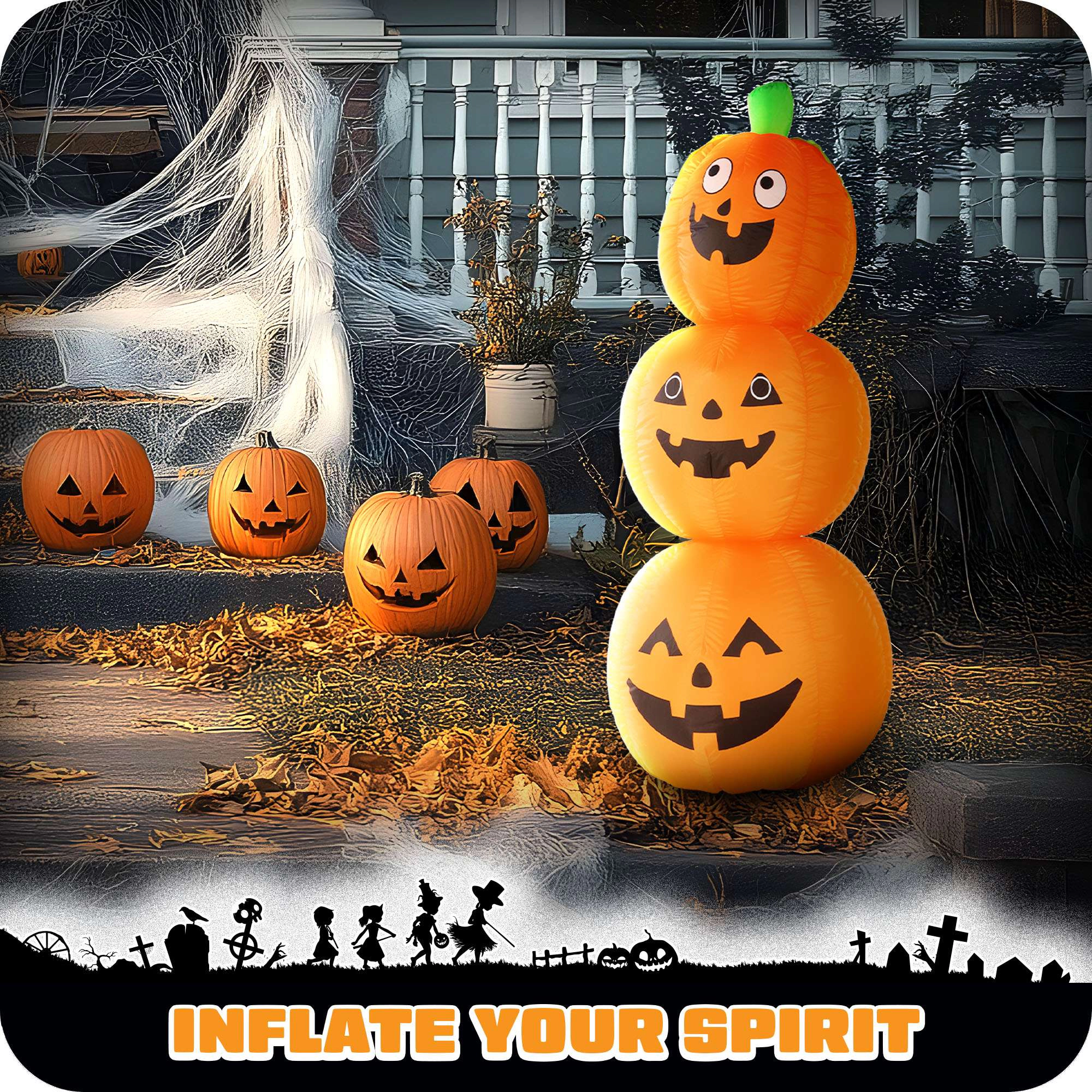 G128 4 ft Stacked Pumpkin Halloween Inflatable with LED Lights - Weather-Resistant Outdoor Yard Decoration
