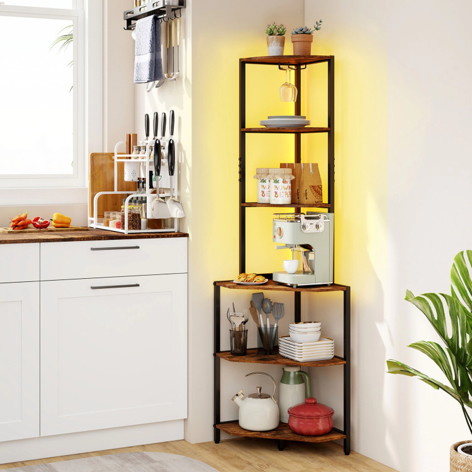 SUGIFT Black and Brown Charging Station and Ambience Light 65 in 6-Tier Corner Shelf