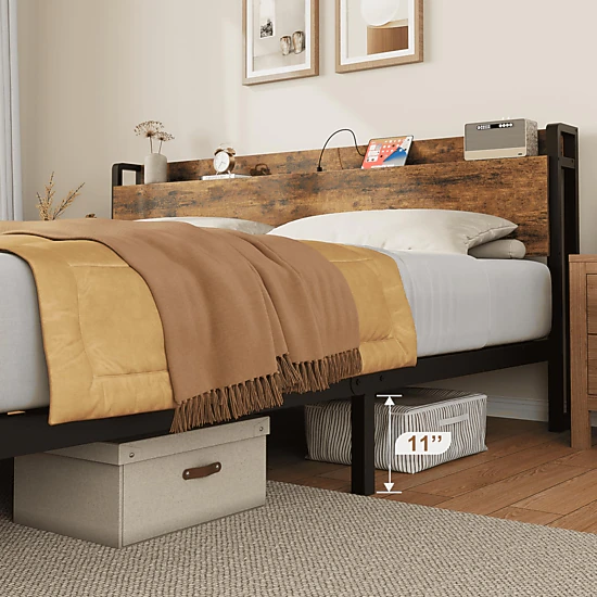 BebreezChic King Bed Frame, Storage Headboard, 2-Tier Shelf, USB Charging Station, Heavy-Duty Industrial, Rustic Brown