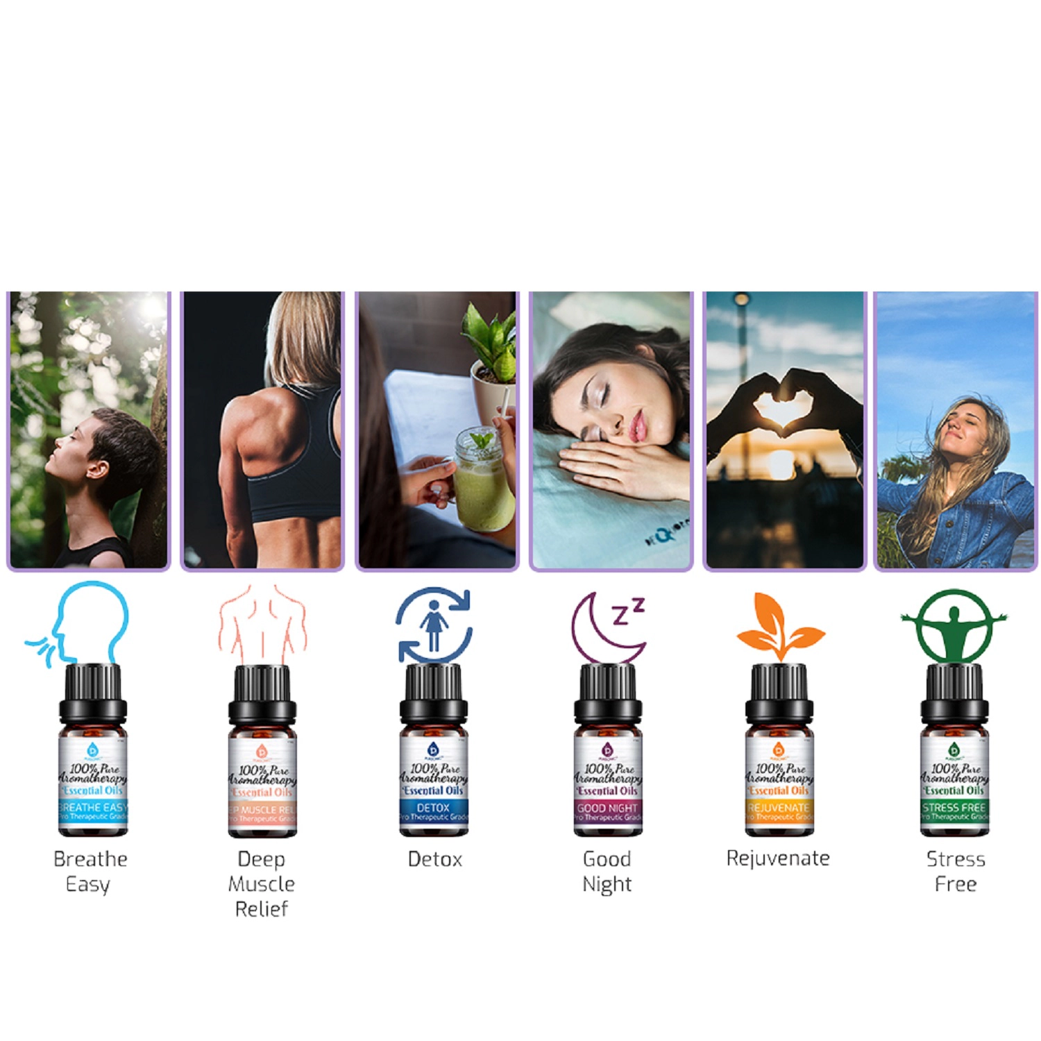 Pursonic Unisex 100% Pure Aromatherapy Essential Oil Blend Collection – 6 Pack Therapeutic Wellness Oils Set