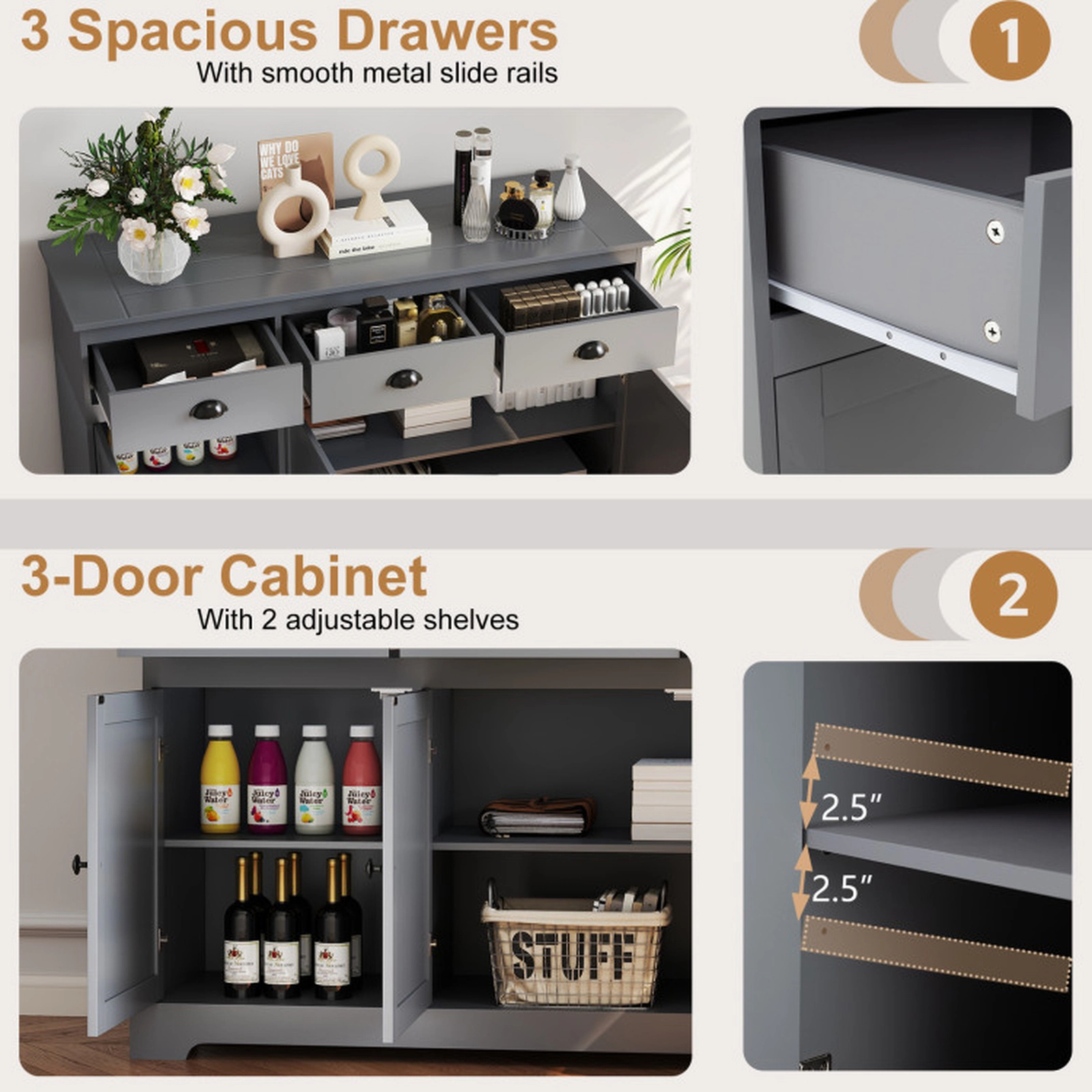 SUGIFT 3-Drawer Cup Handles Adjustable Shelves Sideboard Buffet Cabinet 53.5-in x 17-in x 34-in 22-lb per Shelf Gray