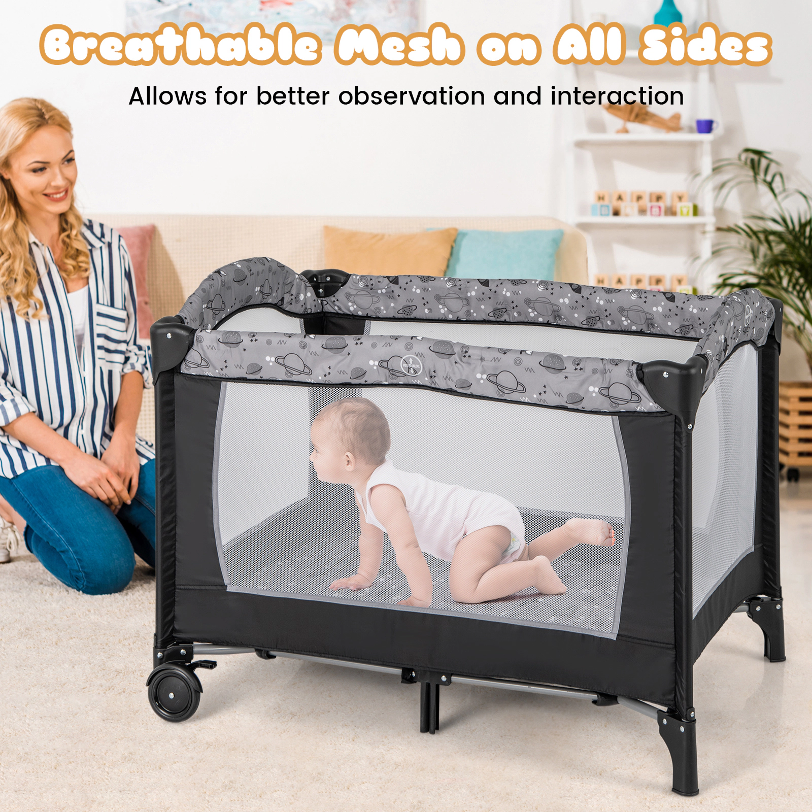 SUGIFT Baby 3-in-1 Bassinet Diaper Changing Table Music Box Foldable Playard 40-in x 28.5-in x 29-in Ages 0-3 Gray