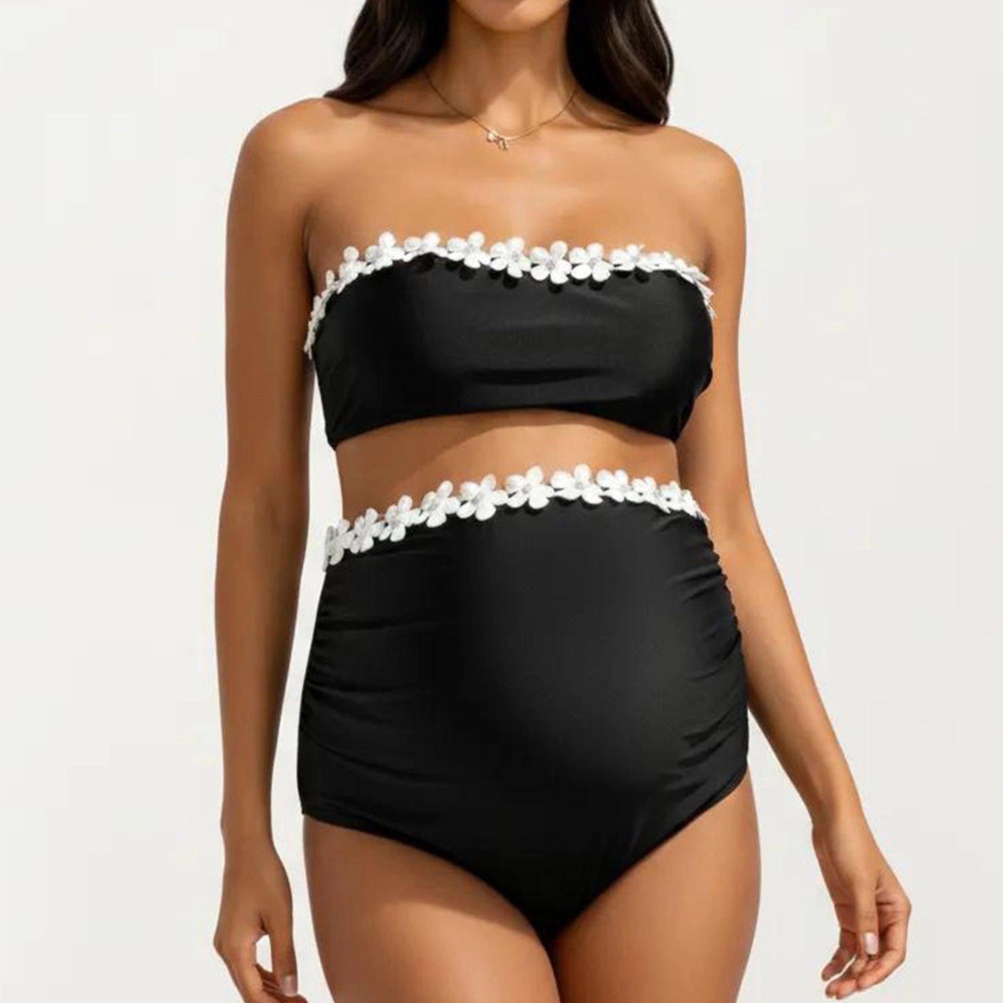 Anna-Kaci Women’s Maternity Floral-Trim Bandeau Two-Piece Swimsuit - High Waist Tummy Control