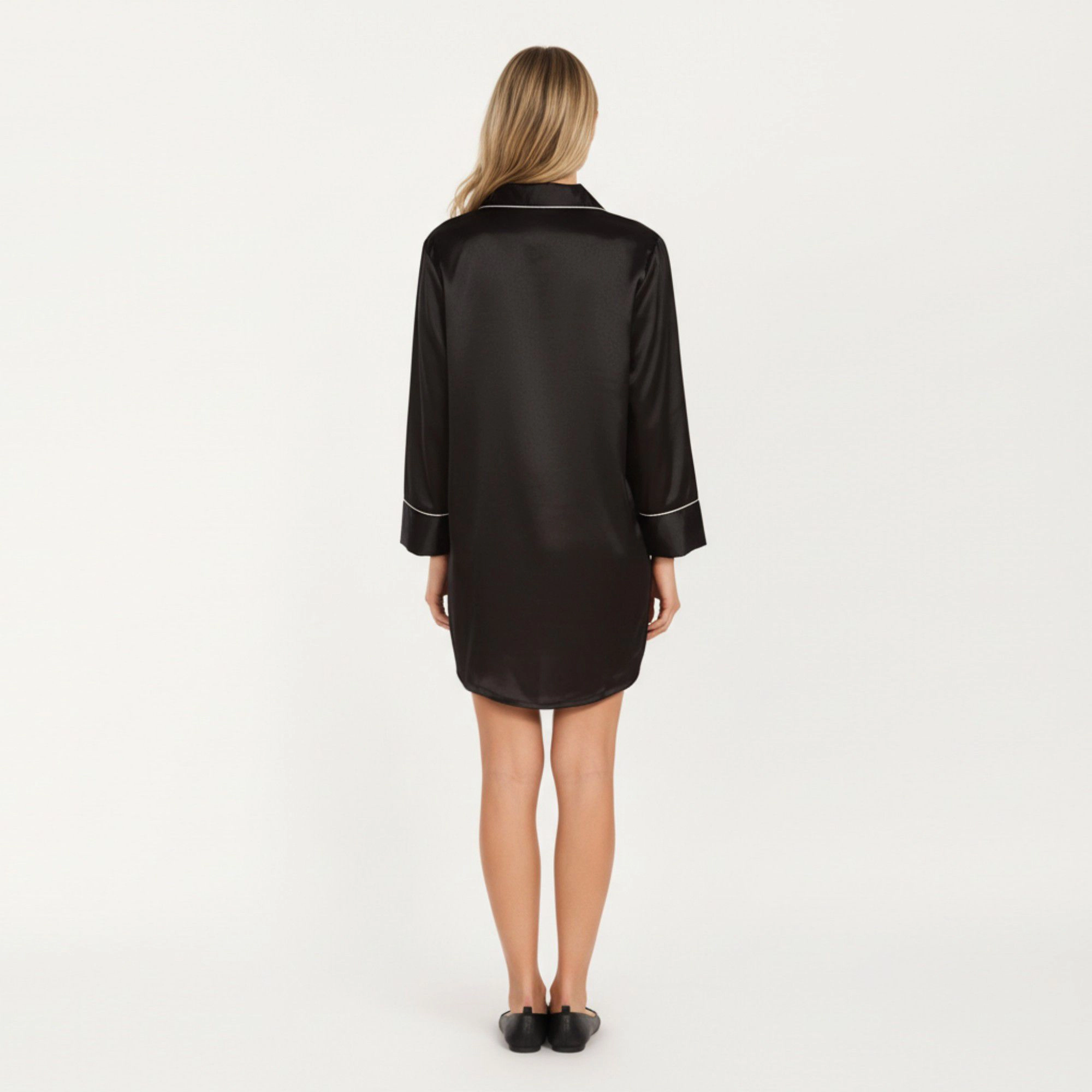 Anna-Kaci Women's Satin Button Front Sleep Shirt with Contrast Piping Trim and Relaxed Long Sleeve Silhouette