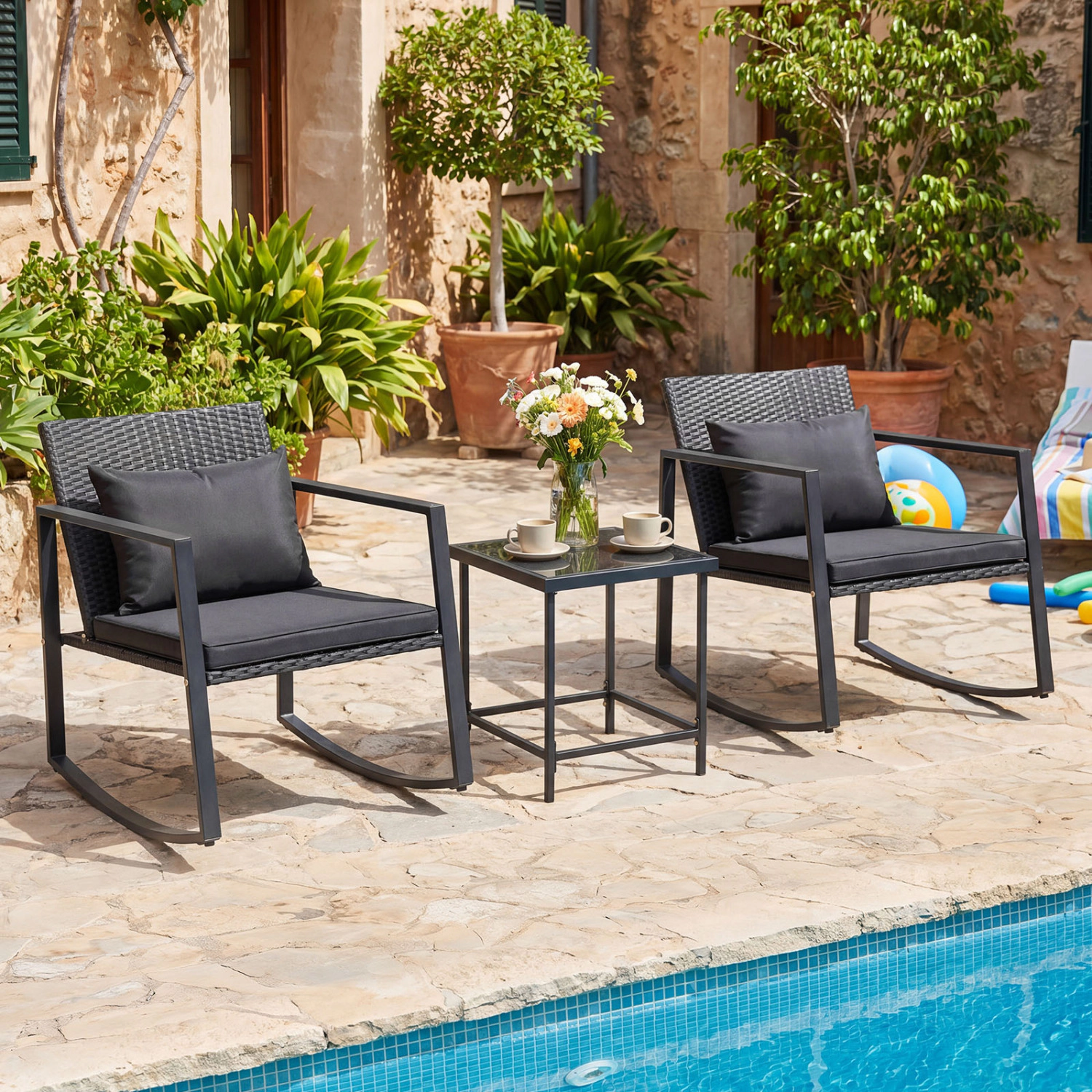 LJG 3-Piece Outdoor Rocking Bistro Set with Soft Cushions and Tempered Glass Table