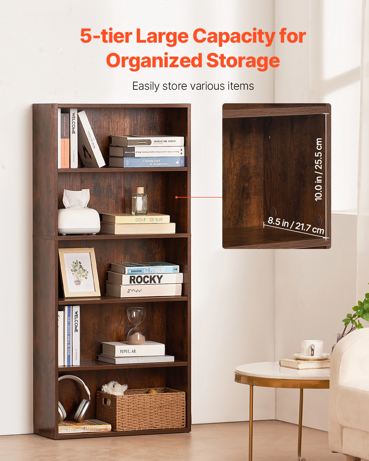 HONGGE 5-Tier Narrow Wooden Bookshelf, 53 Inch Tall Freestanding Farmhouse Bookcase with Adjustable Shelf, Brown