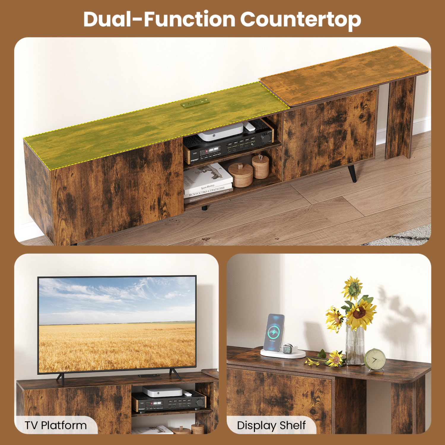 Glintex 74-Inch TV Stand with 2 Wall Shelves and Charging Station, Rustic Brown & Black