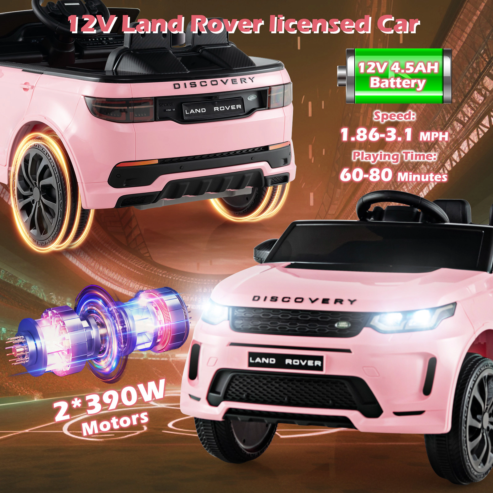 SUGIFT 12V Kids Ride On Car with Remote Control Land Rover Styling 55-lb Capacity Ages 36-72 Months 42.5-in Body Pink