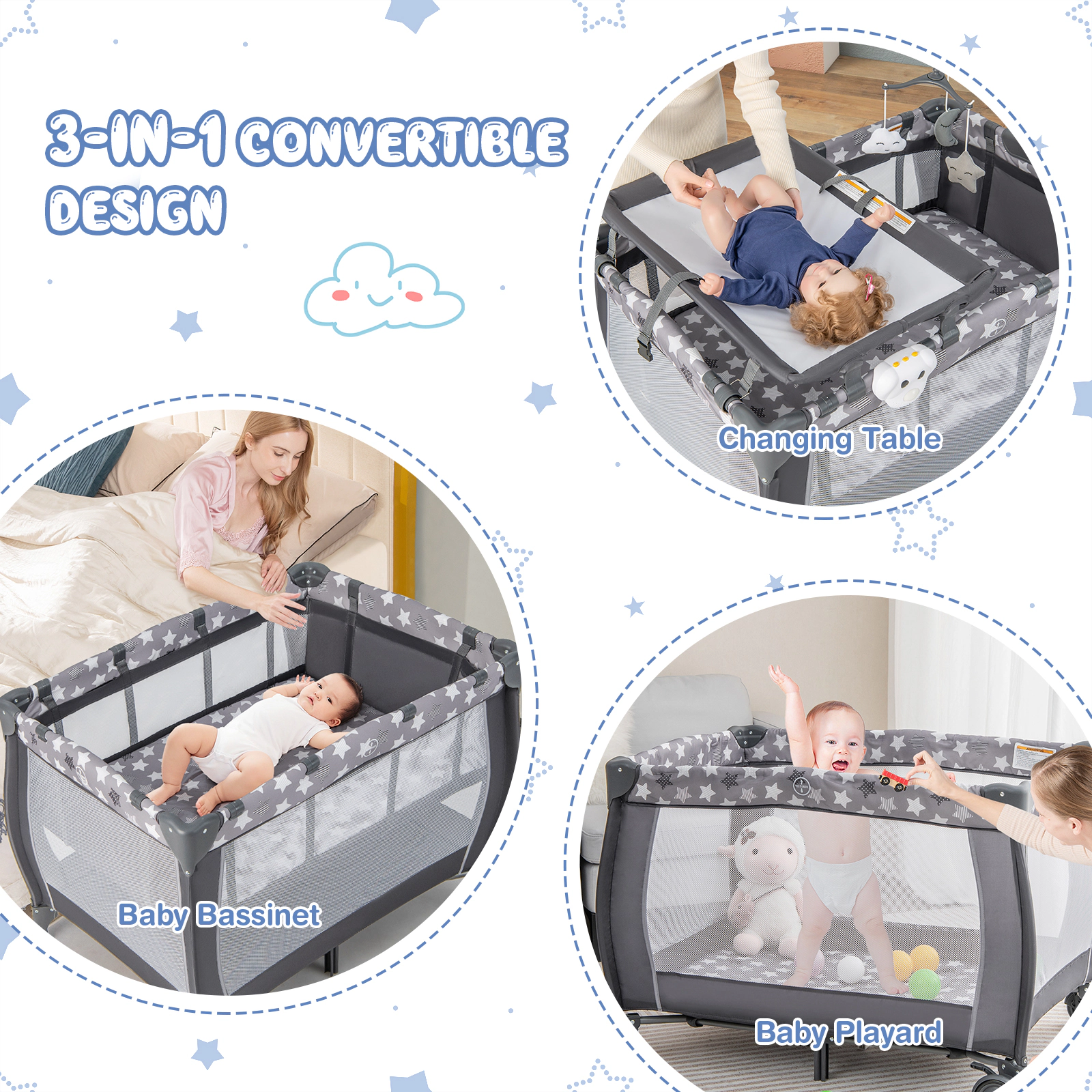 SUGIFT Portable Baby Playard with Changing Table Bassinet and Music Box 33-lb Capacity Ages 0-3 Years Gray