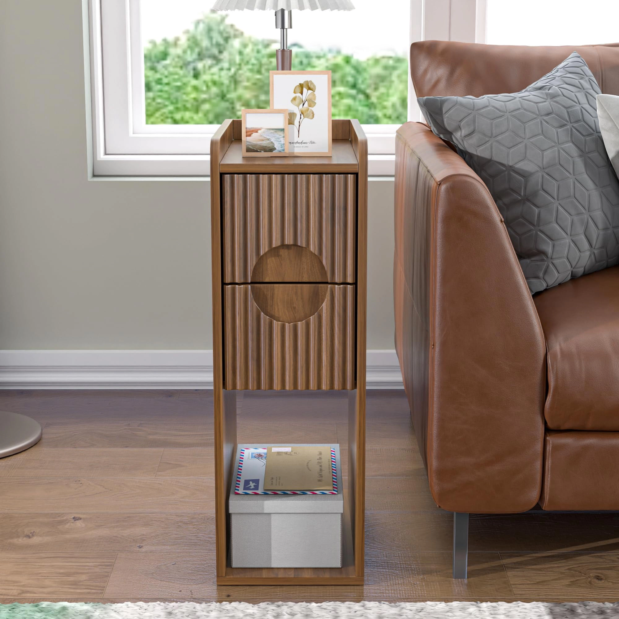 BebreezChic Narrow Nightstand with Charging Station, Slim Bedside Table with Drawer and Open Shelf, Fluted End Table