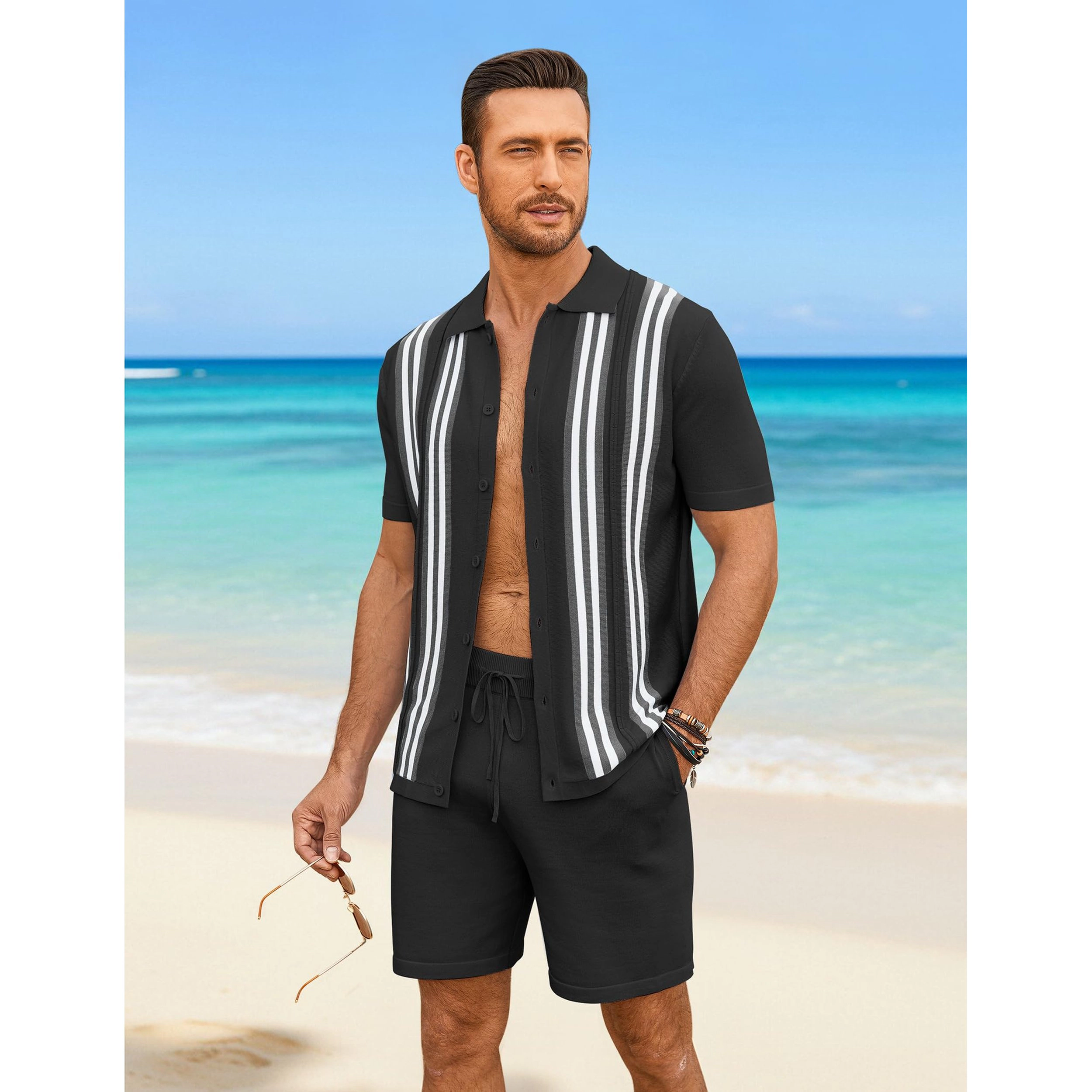 COOFANDY Men's Regular Fit Collar Neck Short Sleeve Shirt and Shorts Two Piece Set