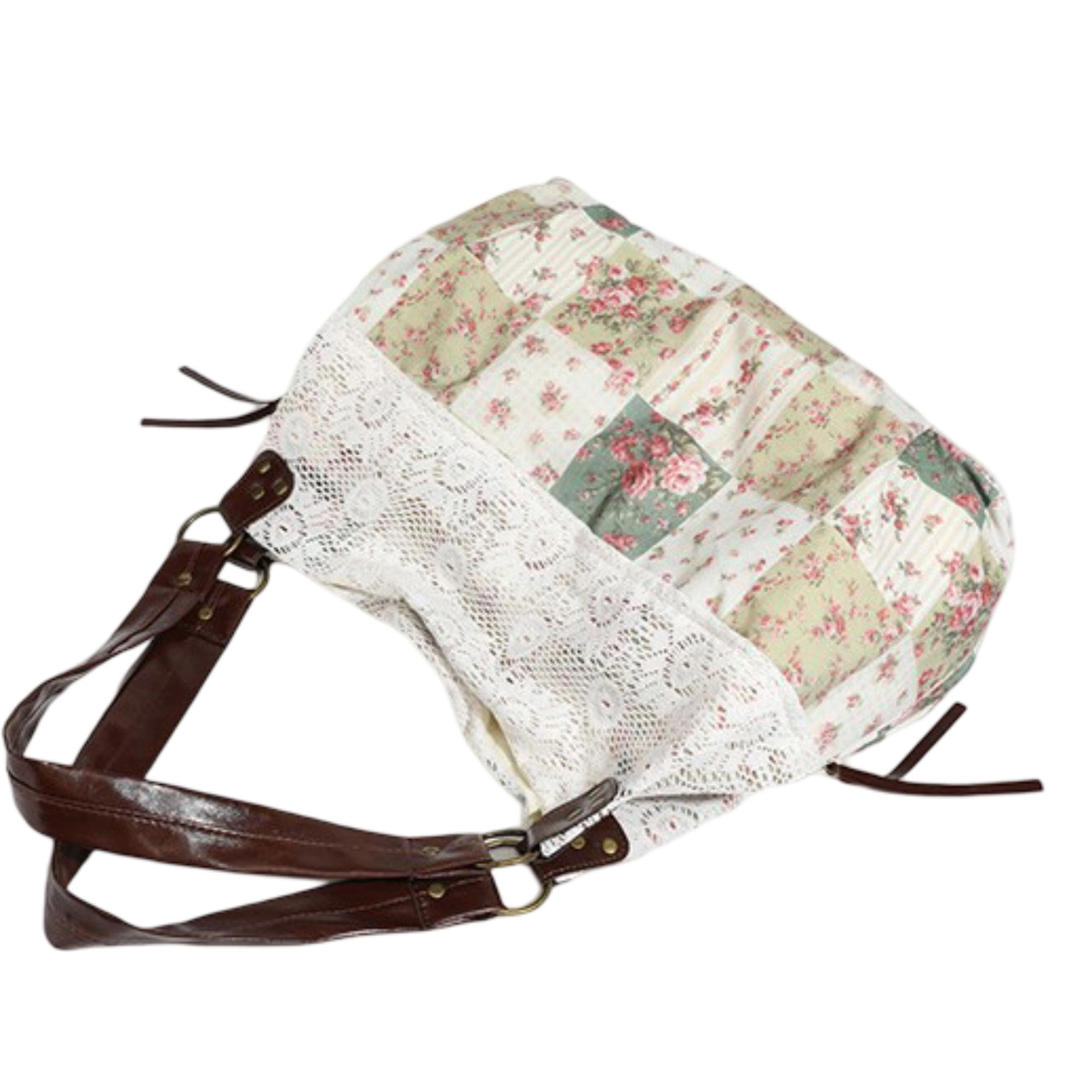 Alilang Women's Patchwork Shoulder Bag with Crochet Lace Detail and Faux Leather Straps