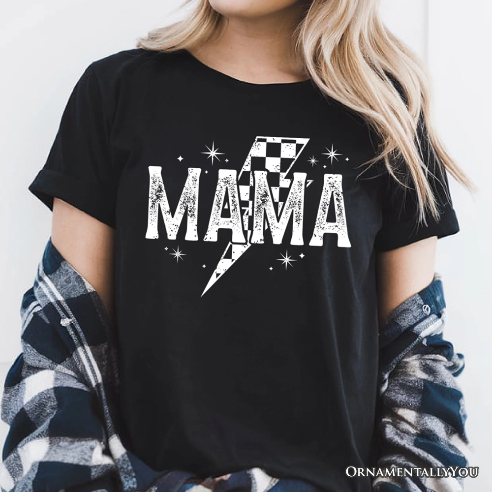 OrnamentallyYou Womens Checkered Lightning Bolt Mama T-Shirt
