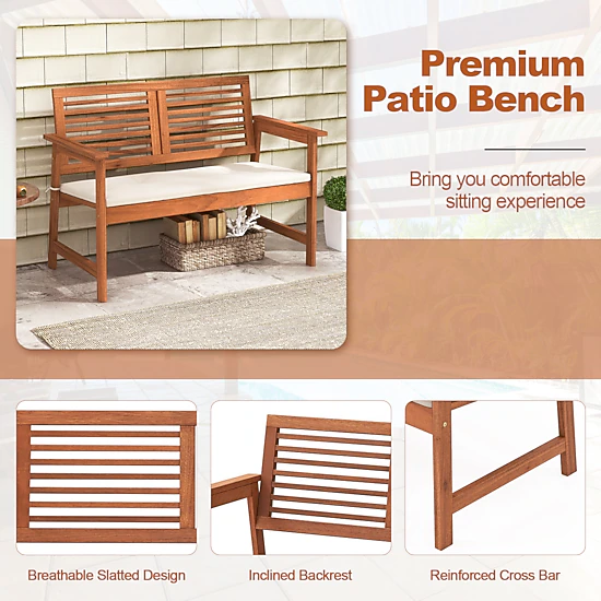 SUGIFT 43.5-in Solid Wood Outdoor Garden Bench with Backrest and Cushion, Natural