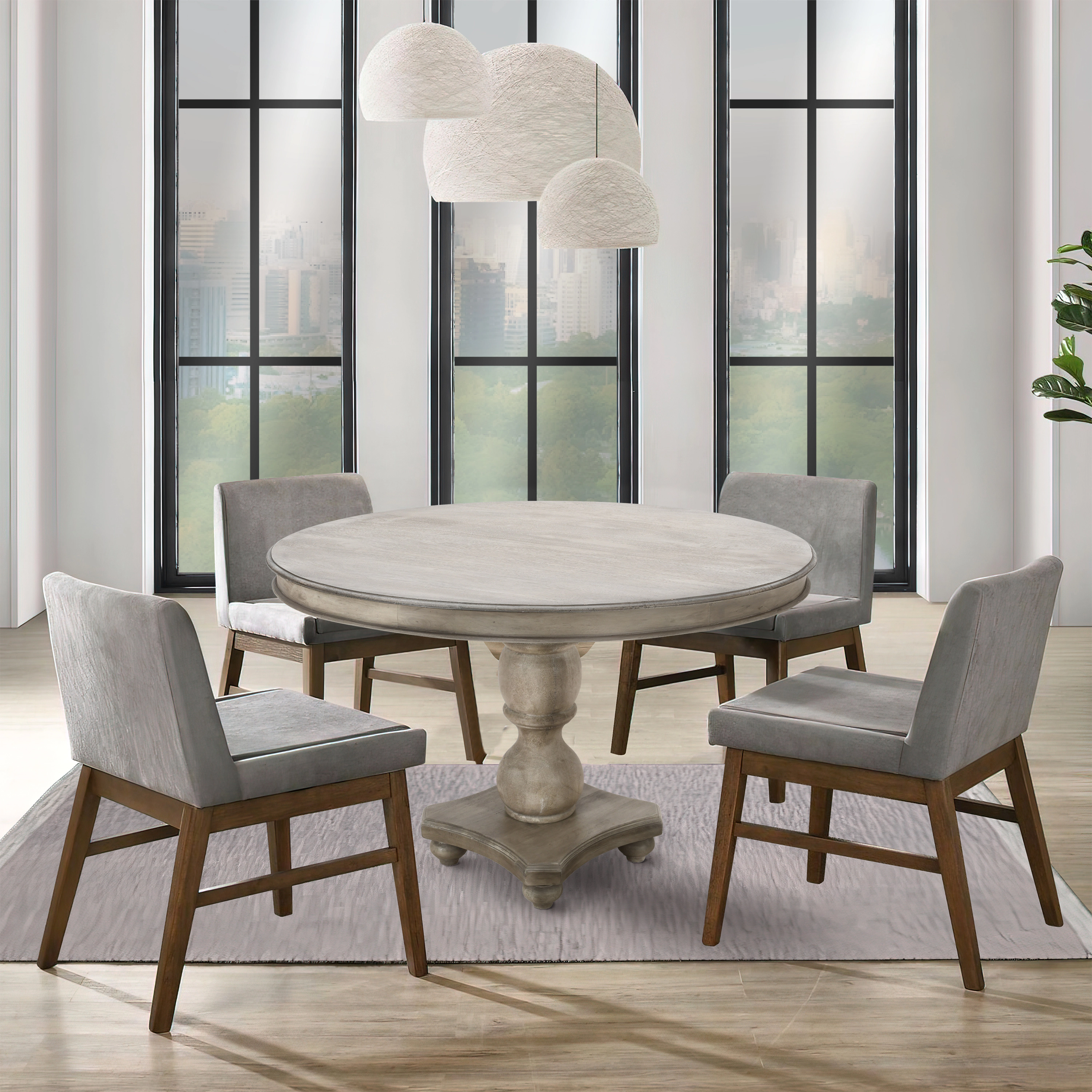 The Urban Port 42 Inch Handcrafted Mango Wood Dining Table, Pedestal Base, Round Molded Top, Washed White, Gray