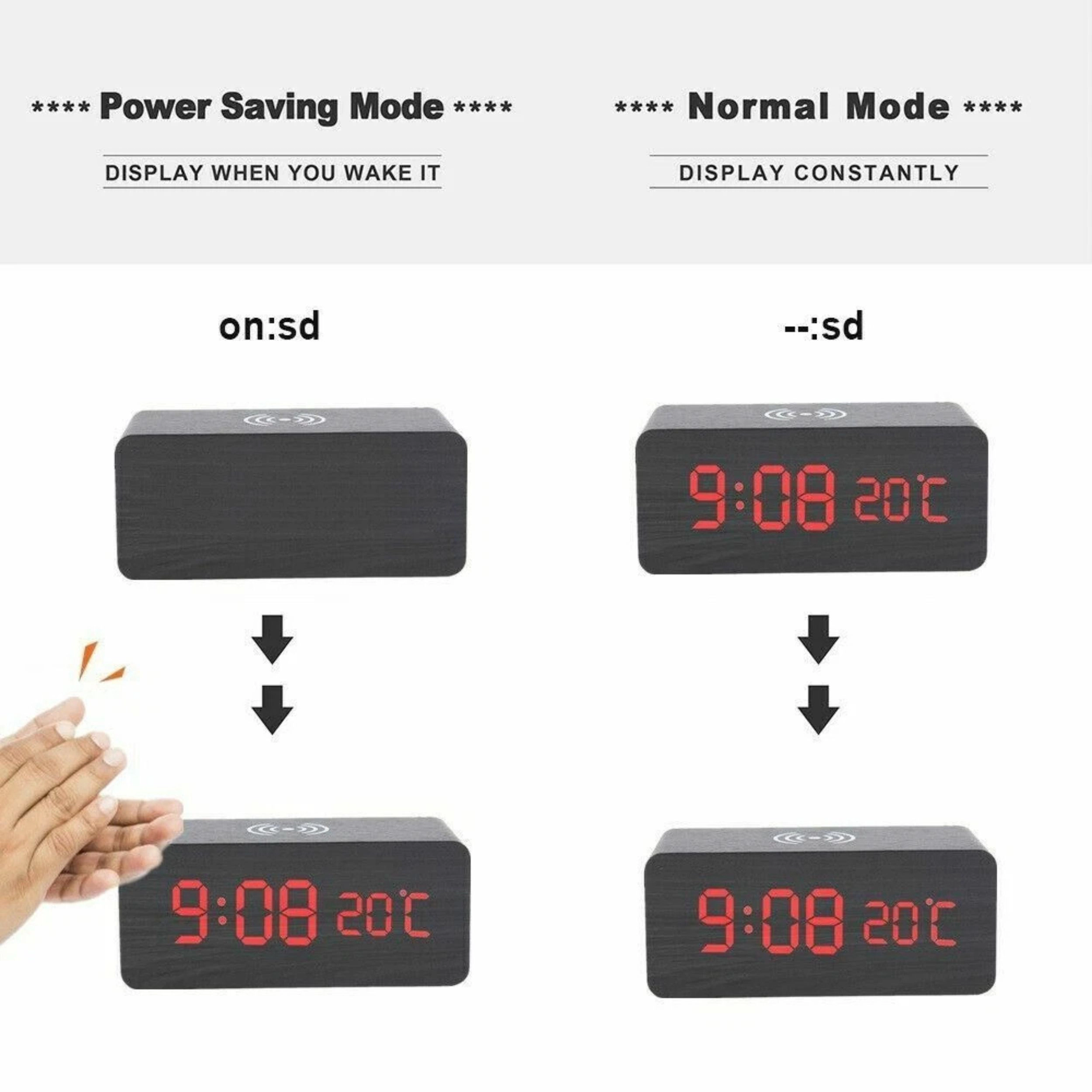Home Collection Wooden LED Alarm Clock with Qi Wireless Charger & Thermometer