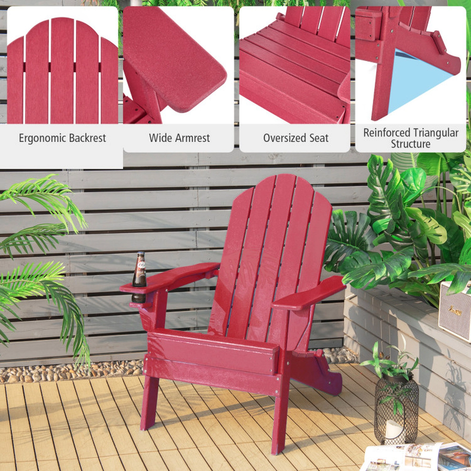 SUGIFT 330-lb Capacity Red Fade Resistant PE Folding Adirondack Chair with Built-in Cup Holder and Oversized Seat