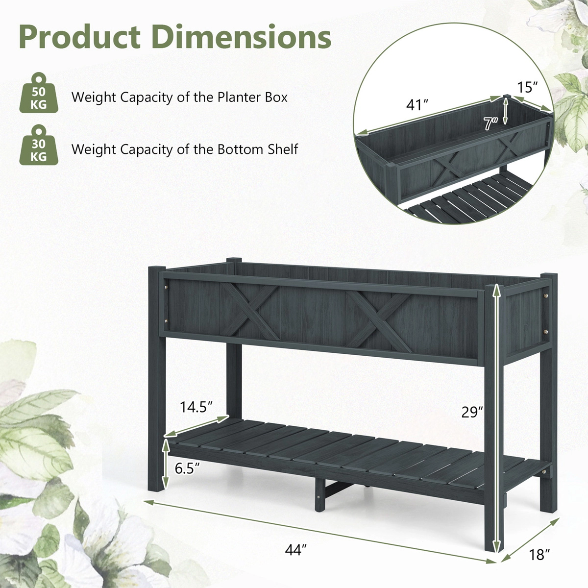 SUGIFT 47-in 110-lb Capacity Black HIPS Poly Wood Elevated Raised Garden Bed with Legs and 66-lb Storage Shelf