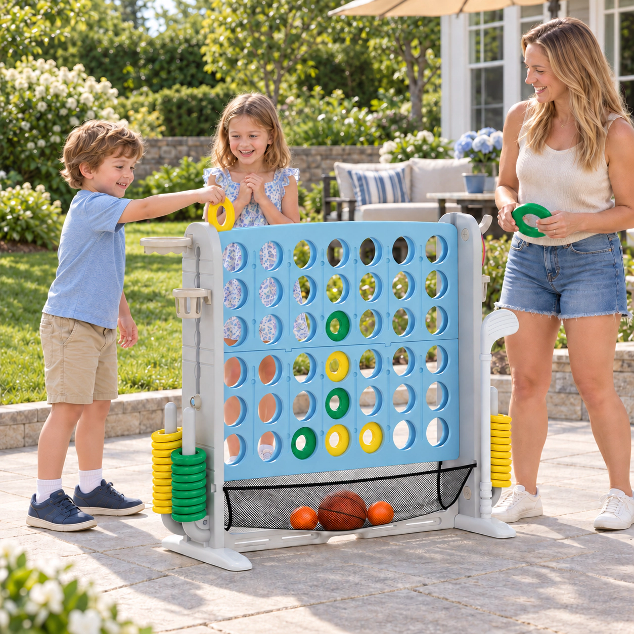 SUGIFT Light Blue 4-in-1 Jumbo 4-to-Score Game with Ring Toss and Basketball Hoop 40.5-in W 32.5-in to 38.5-in H