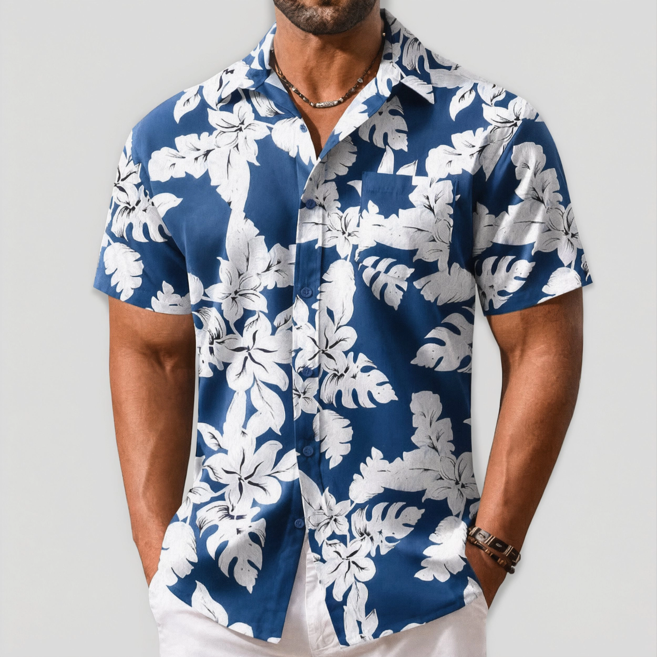 COOFANDY Mens Short Sleeve Hawaiian Shirt Palm Leaf Print Button Up Casual Tops