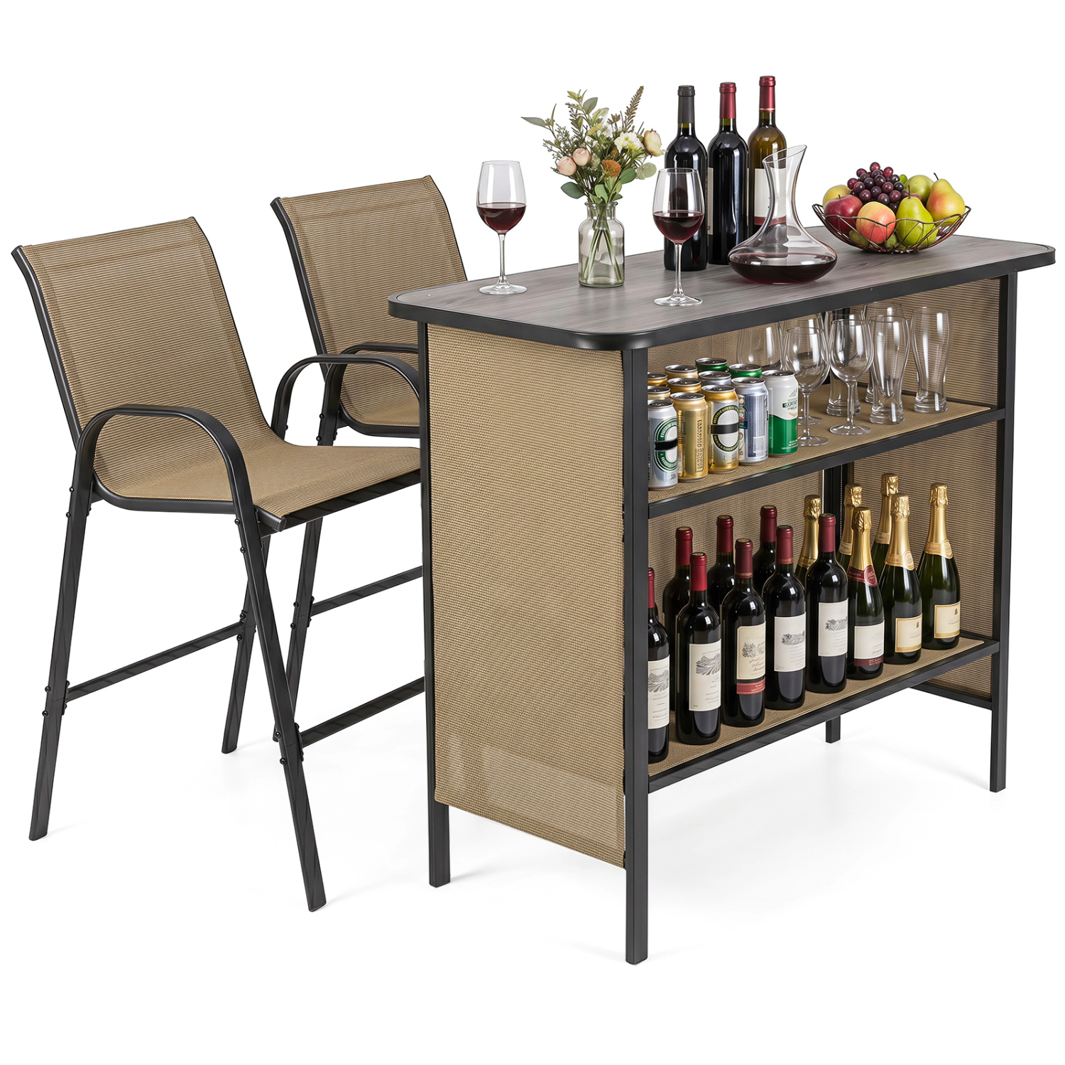LJG 3 Piece Outdoor Bar Set with Footrest and 2-Tier Shelf