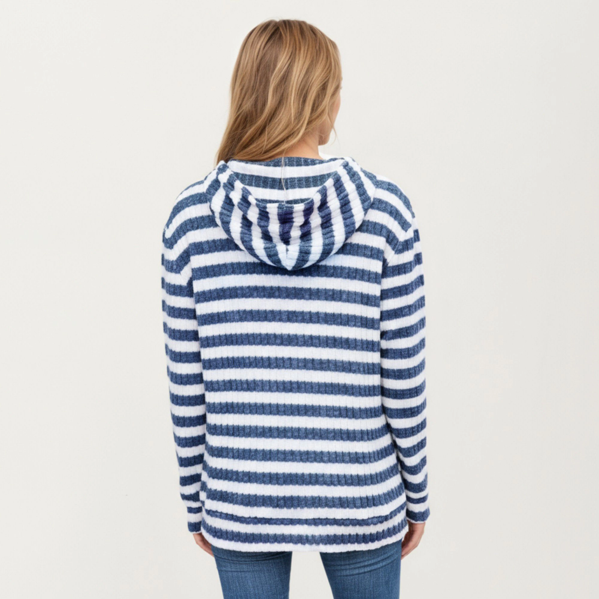 Anna-Kaci Women's Striped Ribbed Tunic Length Kangaroo Pocket Long Sleeve Knit Hoodie Top