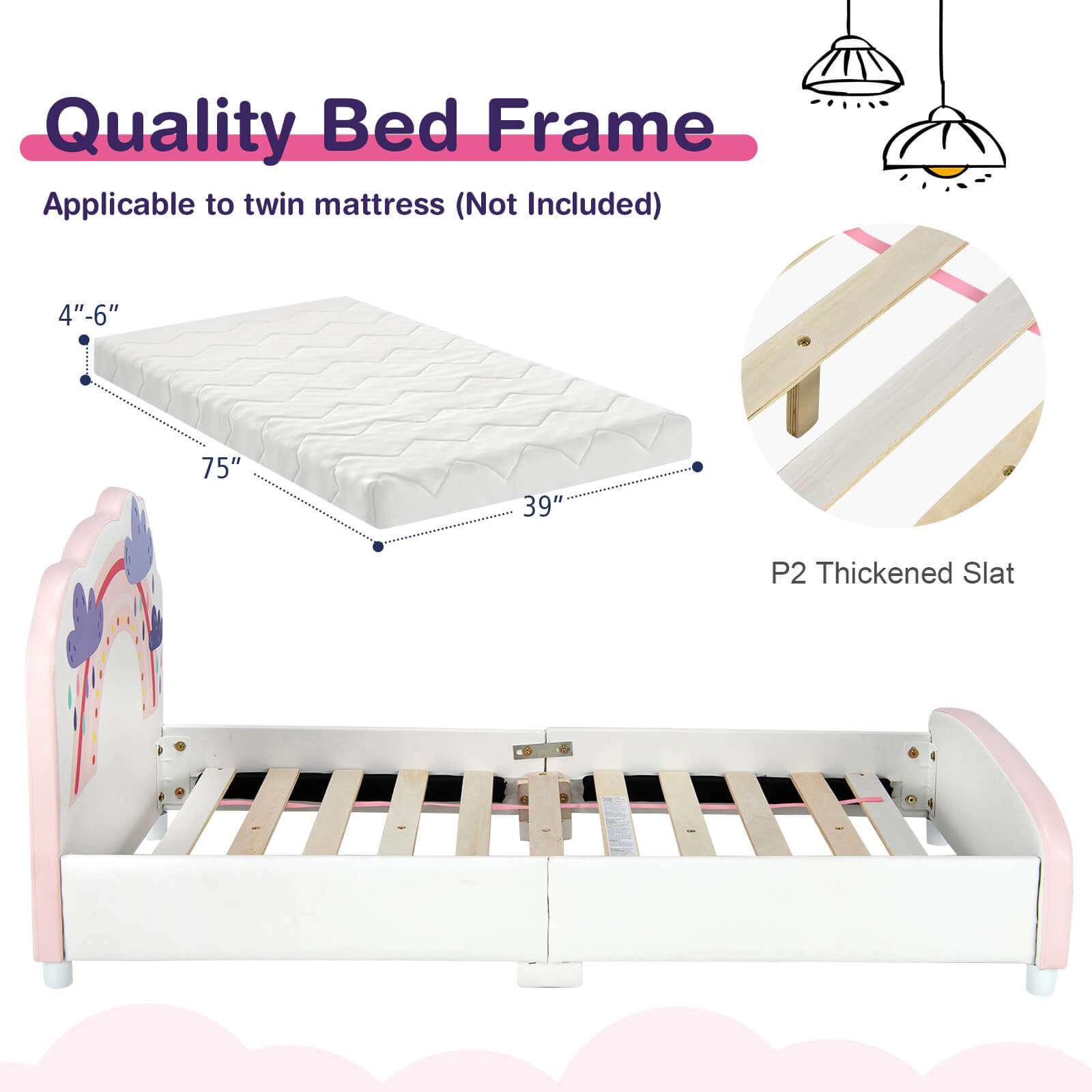 SUGIFT Kids Twin Size Upholstered Wooden Platform Toddler Bed 350-Lb Capacity Ages Over 3 Years White