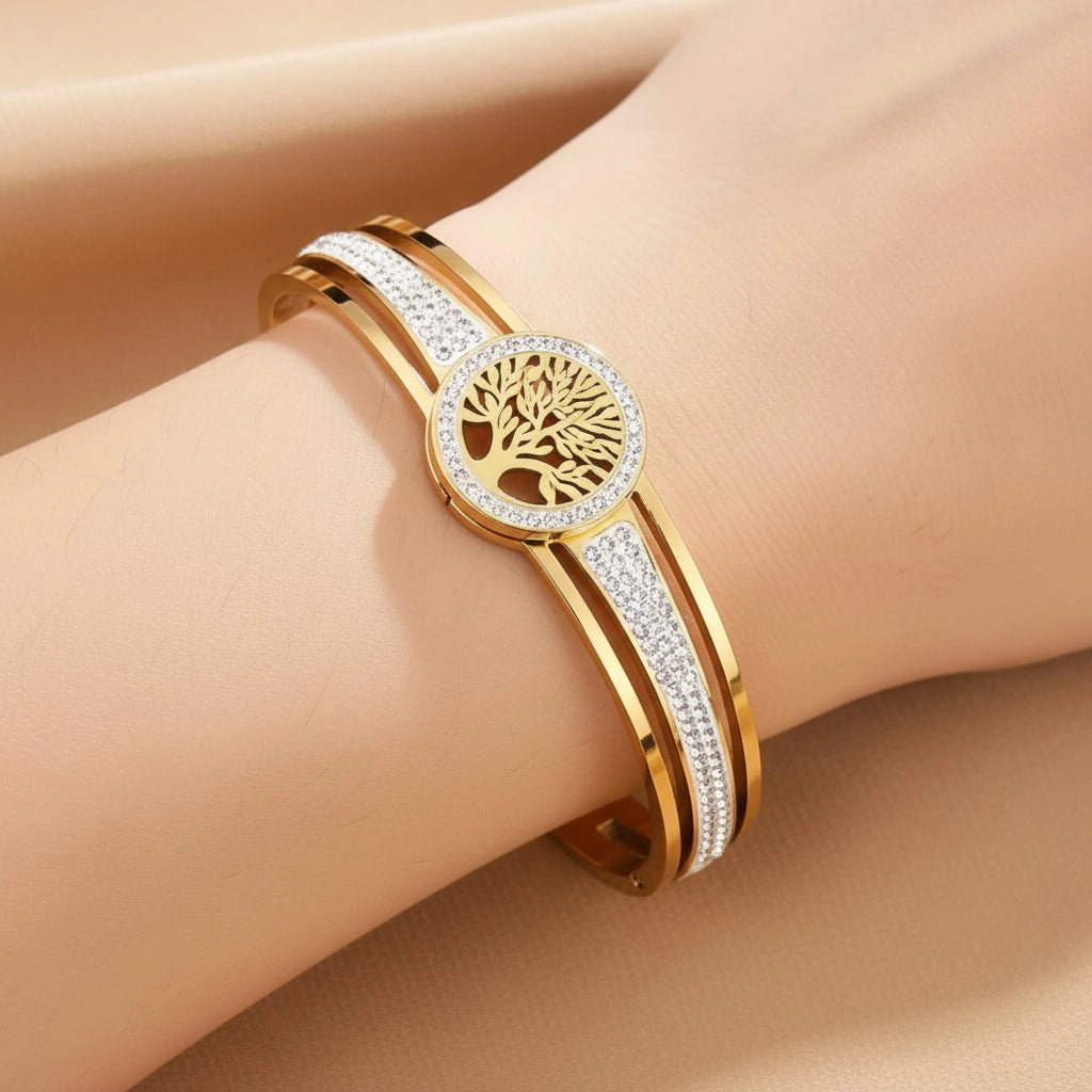 DressAtR Women's Hollow Cutout Zircon Gold Plated Bangle