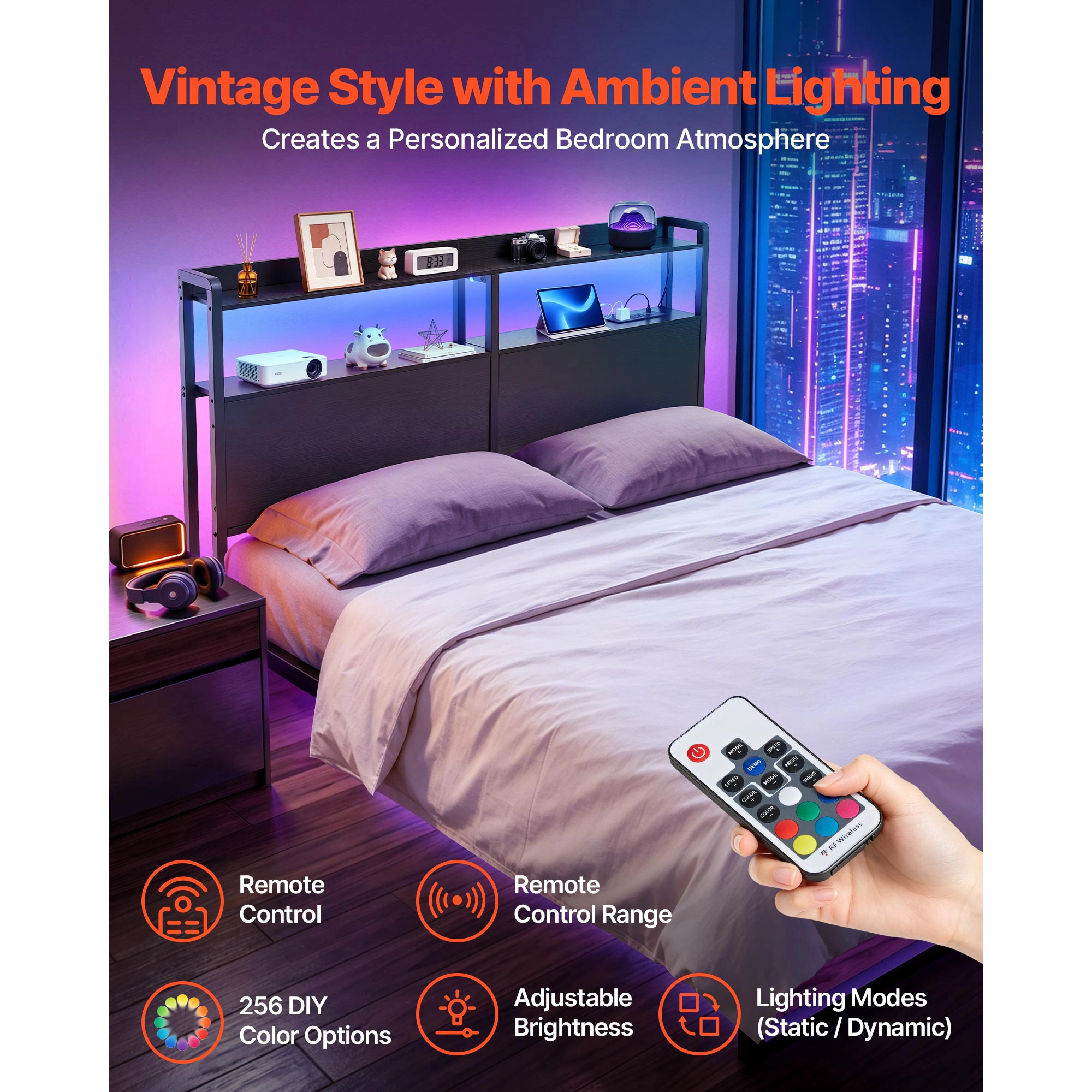 HONGGE Headboard for Bed with 2 Storage Shelves LED Light 3 Outlets and 3 USB Ports Sturdy and Stable Carbon Steel