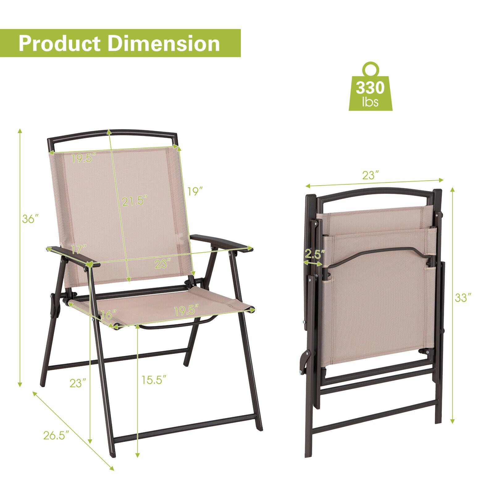 SUGIFT Breathable Quick-Drying Fabric Patio Dining Chairs Armrests Foldable Steel Frame 330-lb Capacity Set of 2 Beige