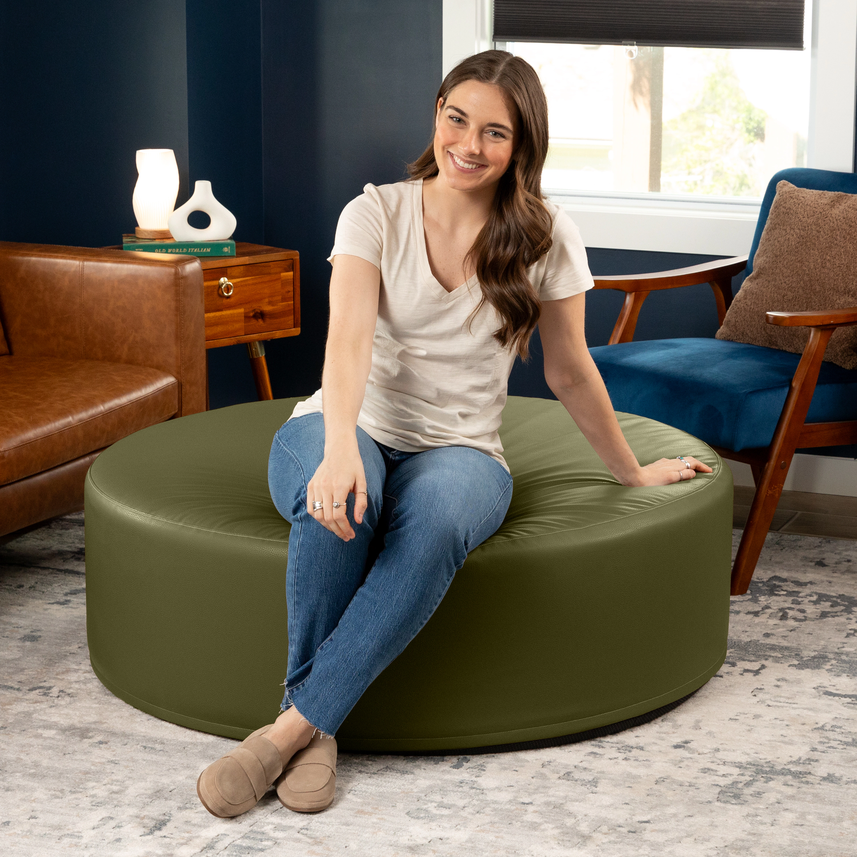 Jaxx Candler Round Couch Ottoman Versatile Firm Foam Construction, 44”, Premium Faux Leather