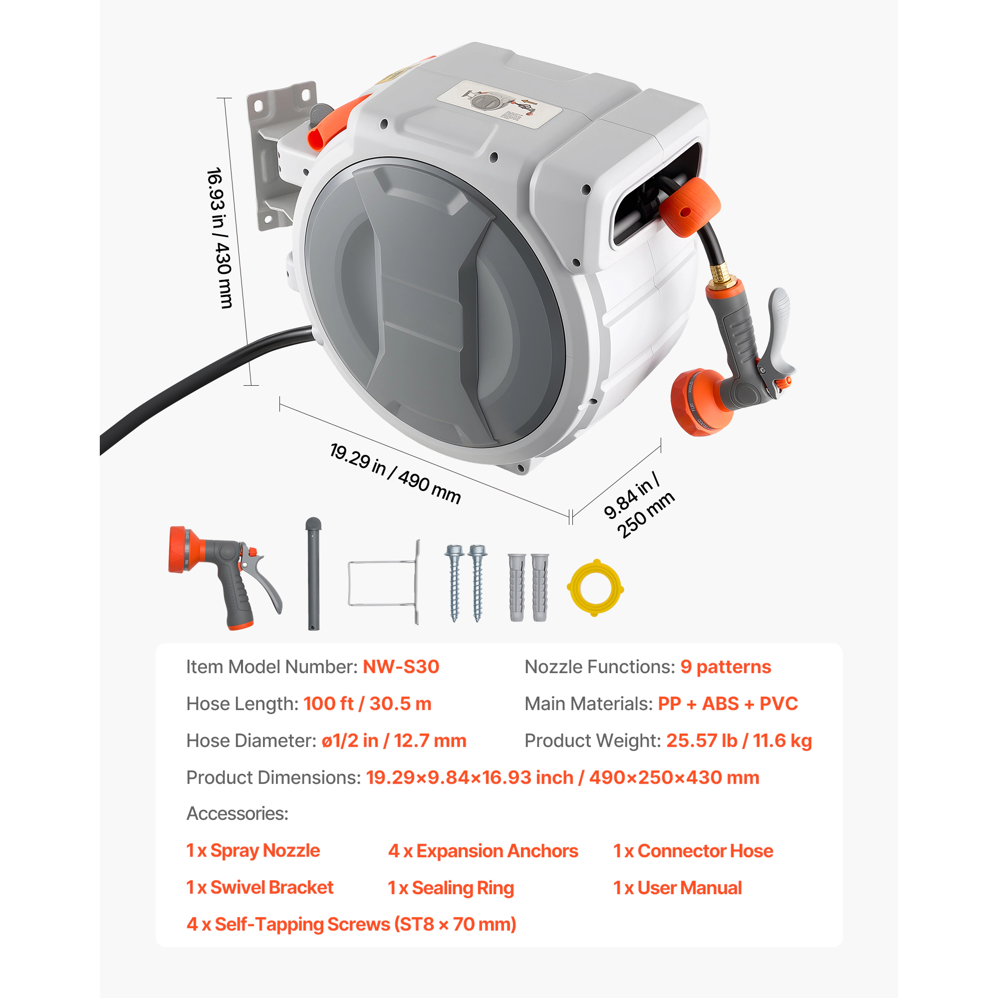 HONGGE Retractable Garden Hose Reel 1/2 in Wall Mounted Hose Reel with 9-Function Sprayer Nozzle and 180° Swivel