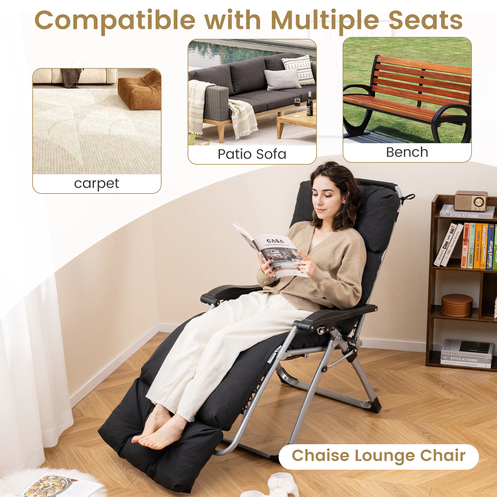 SUGIFT 73-in x 22-in Black Waterproof Machine Washable Outdoor Lounge Chaise Cushion with 4 String Ties