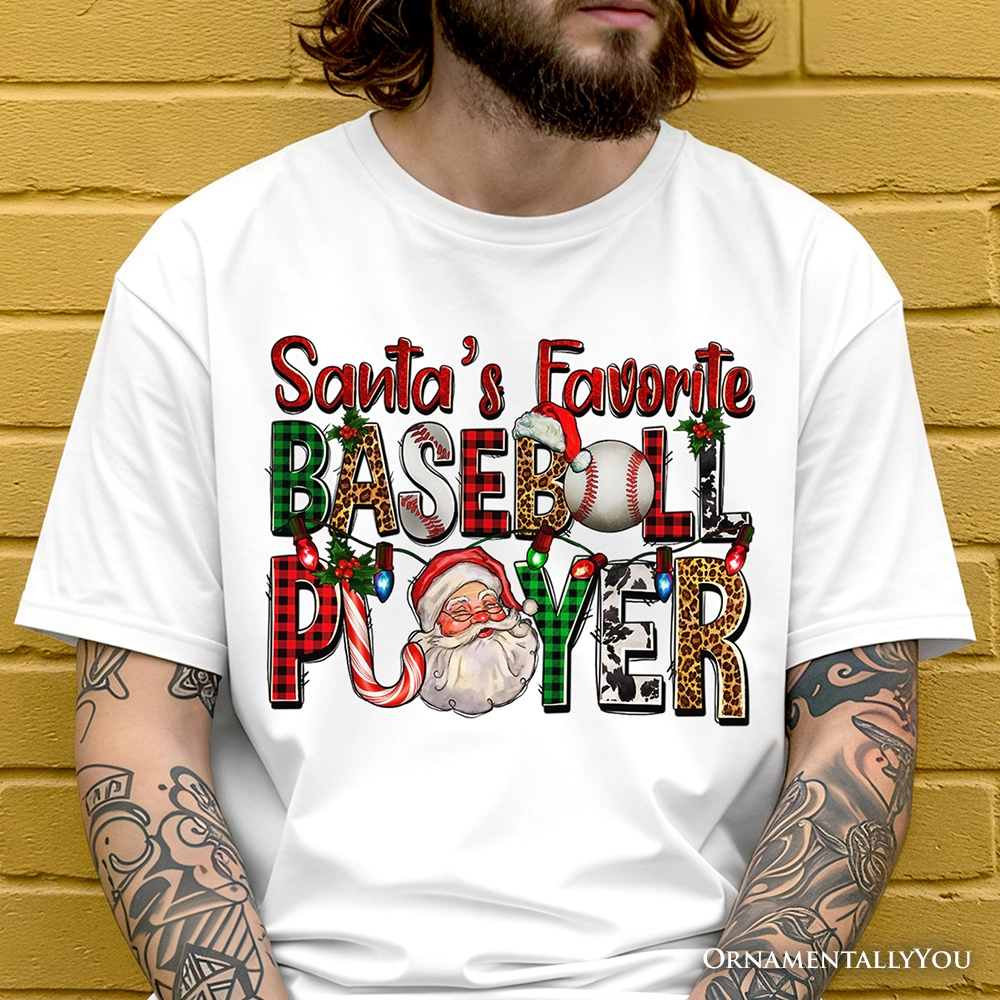 OrnamentallyYou Mens Santa's Favorite Baseball Player Plaid Christmas T-Shirt