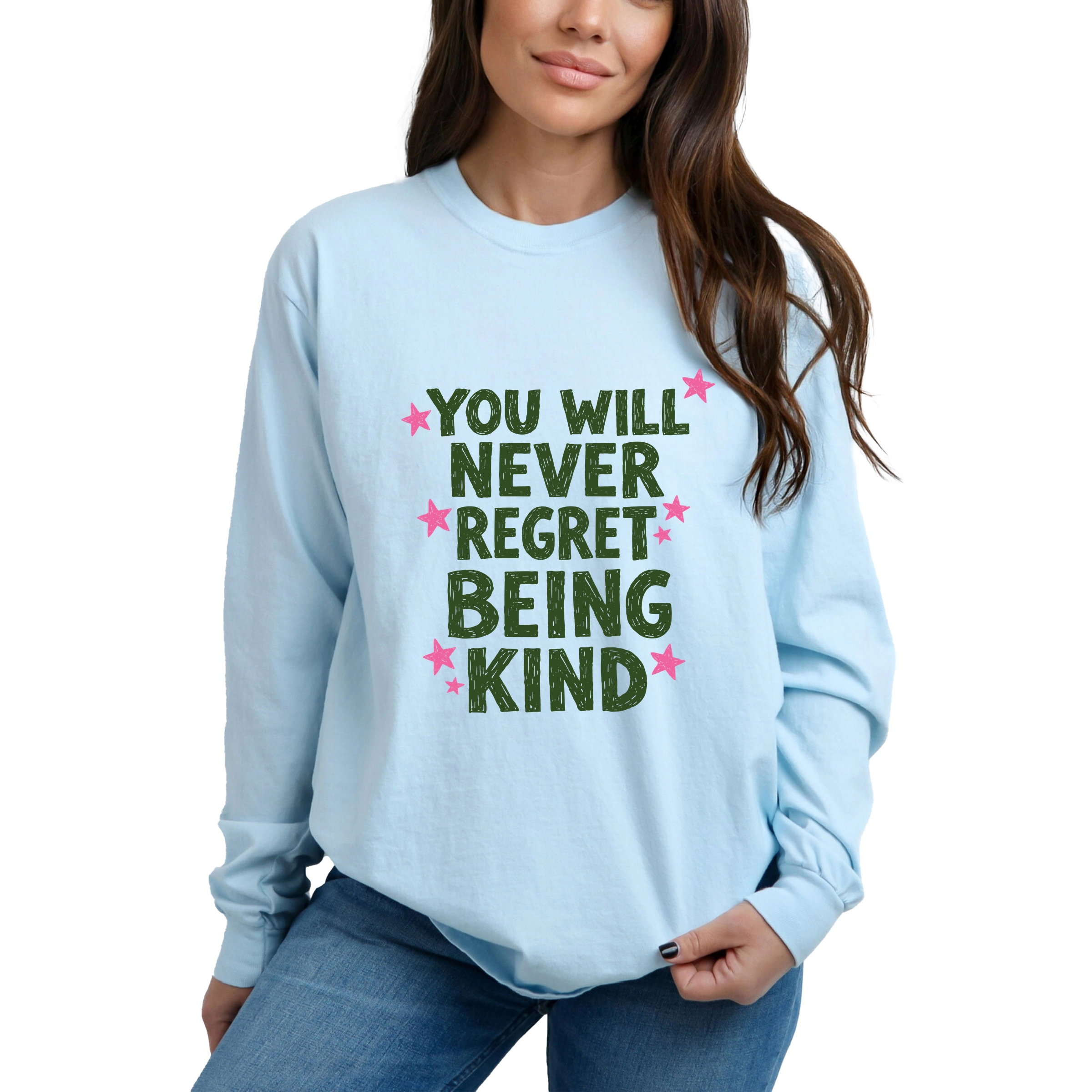 Simply Sage Market - You Will Never Regret Being Kind Green Women's Garment Dyed Long Sleeve Graphic T-Shirt