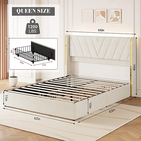BebreezChic Full Velvet Upholstered Bed Frame with LED Lights, 4 Drawers, Wingback Headboard and Charging Station