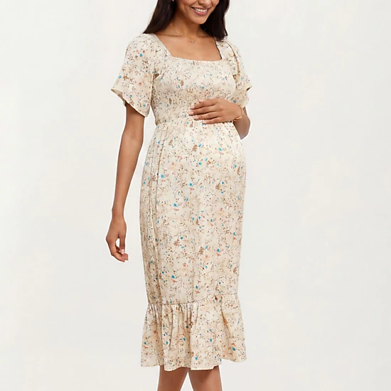 Anna-Kaci Women's Maternity Floral Square Neck Smocked Bodice Flutter Sleeve Midi Dress