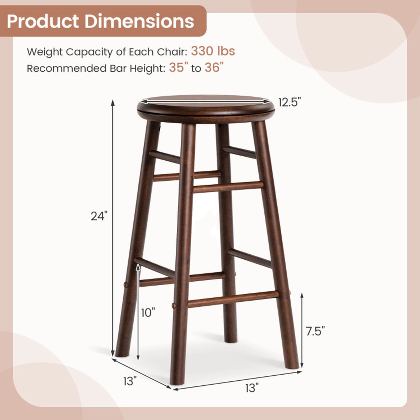 SUGIFT 24-in Rubber Wood Swivel Bar Stools Set of 2 with Footrests and Crossbars 330-lb Capacity Natural Gray Walnut