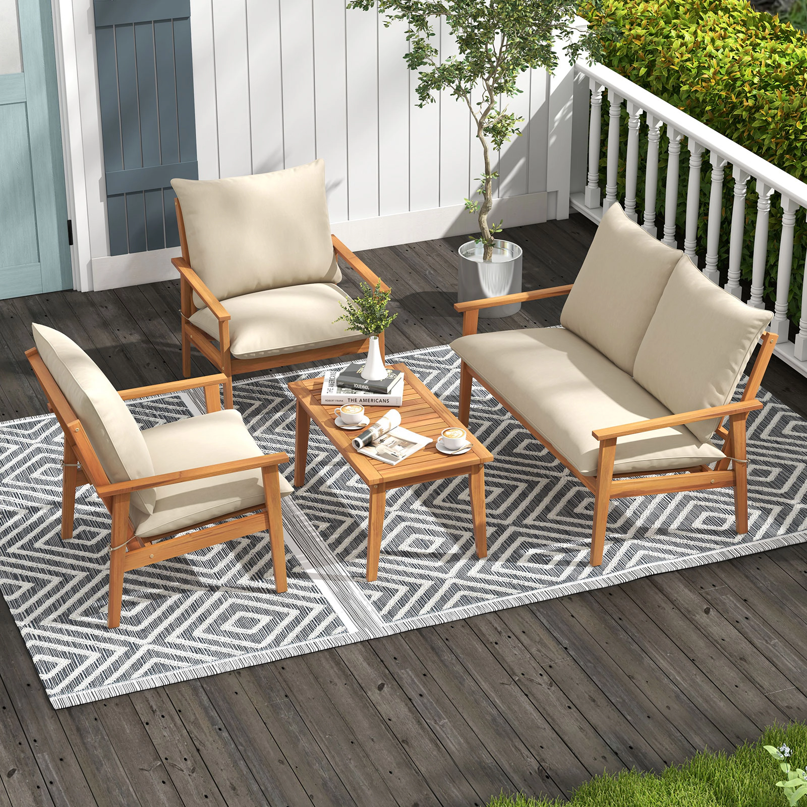 SUGIFT 5.3 in Thick Cushions 4-Piece Off White Acacia Wood Patio Conversation Set