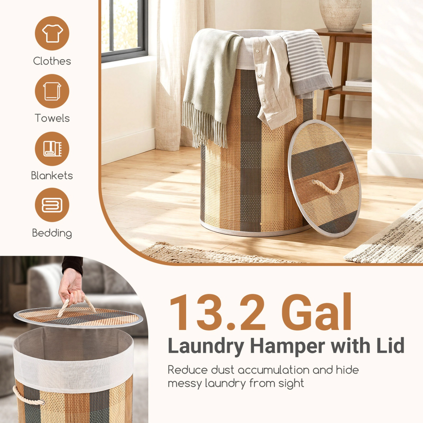 SUGIFT 13.2-gal Foldable Bamboo Laundry Hamper with Lid and Removable Machine-Washable Liner Basket