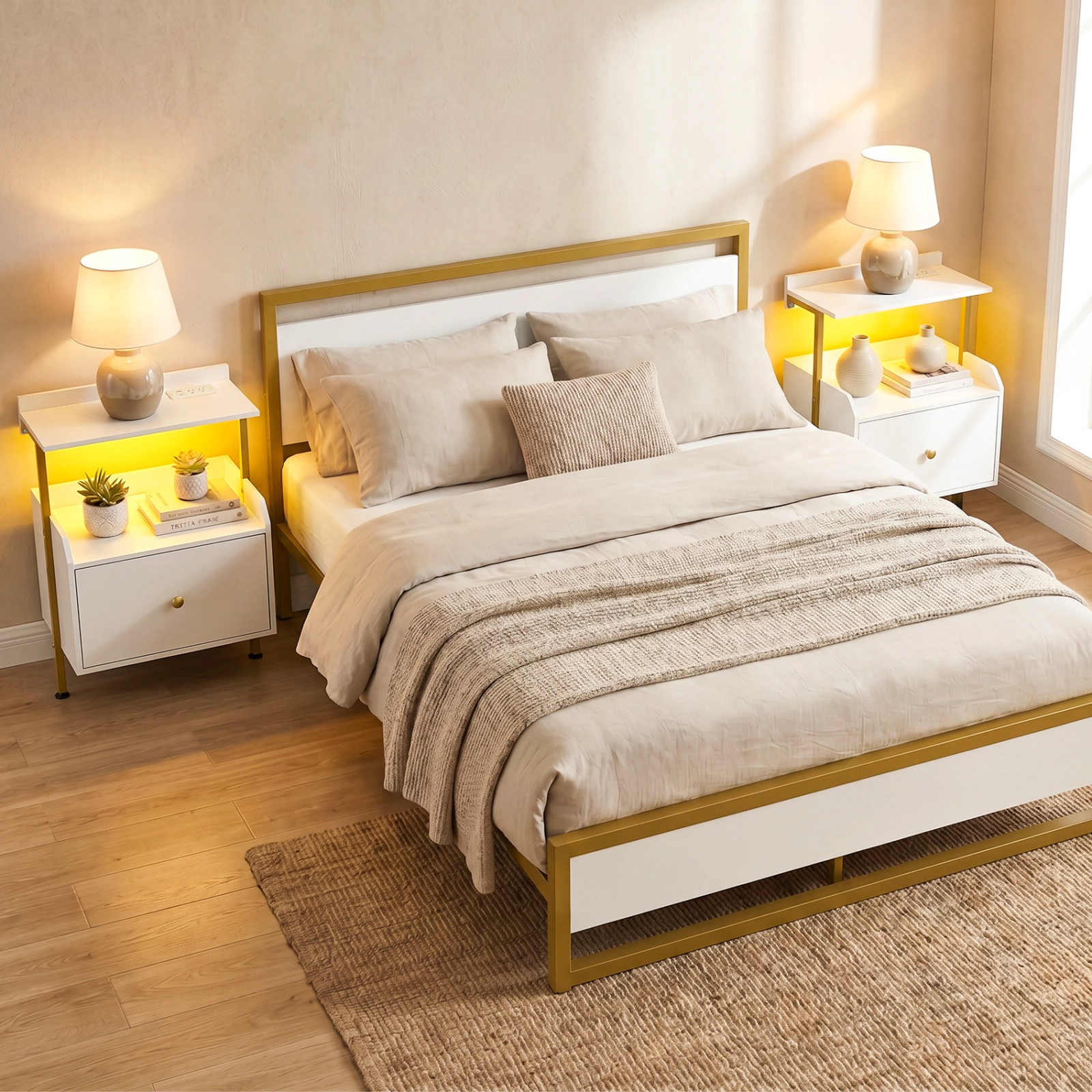 SUGIFT Wall Mounted Nightstand White with LED Lights Charging Station and Drawer