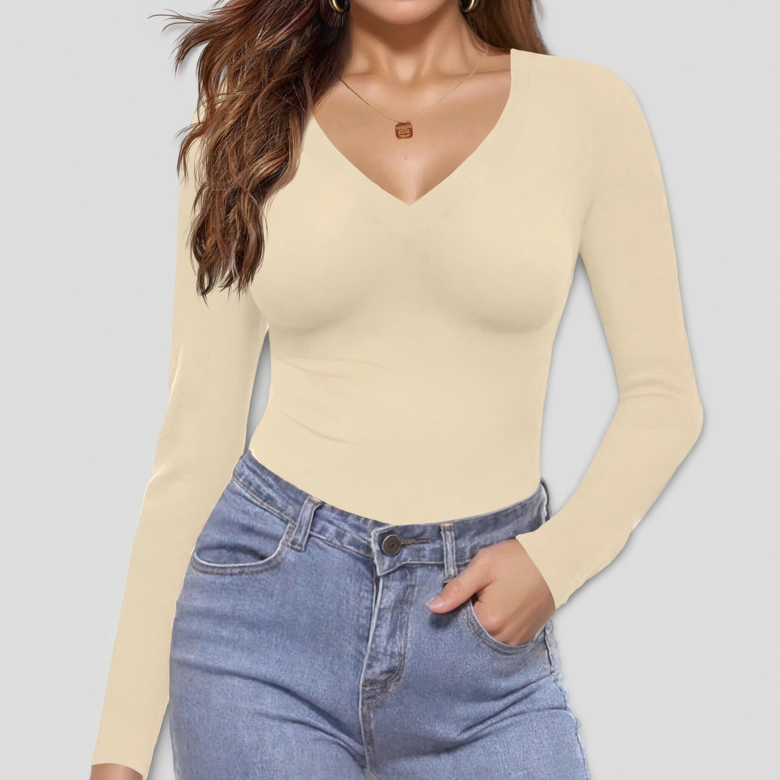 Ekouaer Long Sleeve Shirts Fashion V Neck Basics Tops Lightweight Base Layer Slim Fit Top