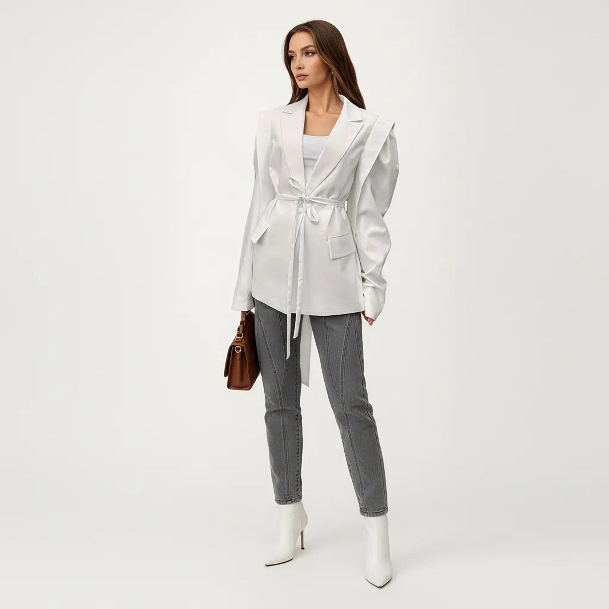 Anna-Kaci Women's Long Sleeve Tailored Blazer with Tie Waist and Structured Lapel