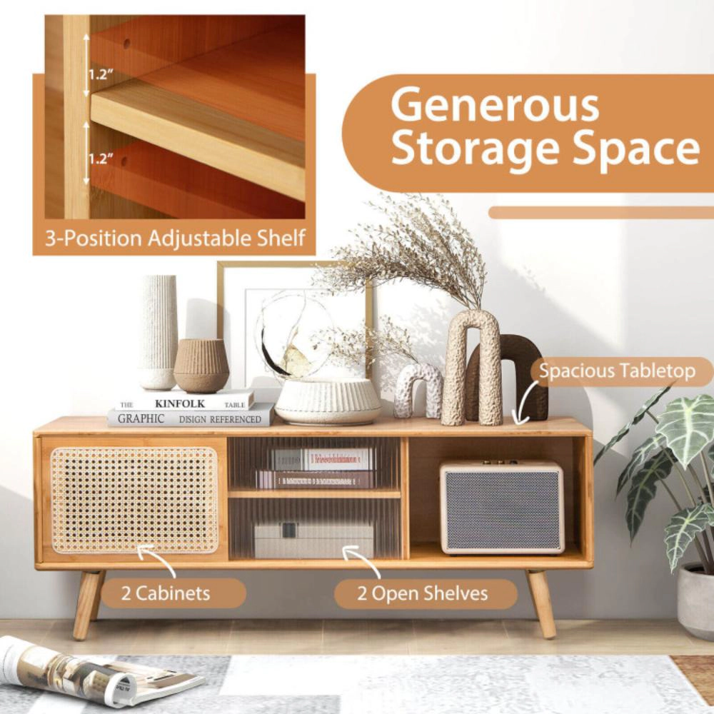 Hivvago Modern Tv Stand With Rattan Glass Sliding Doors-Natural