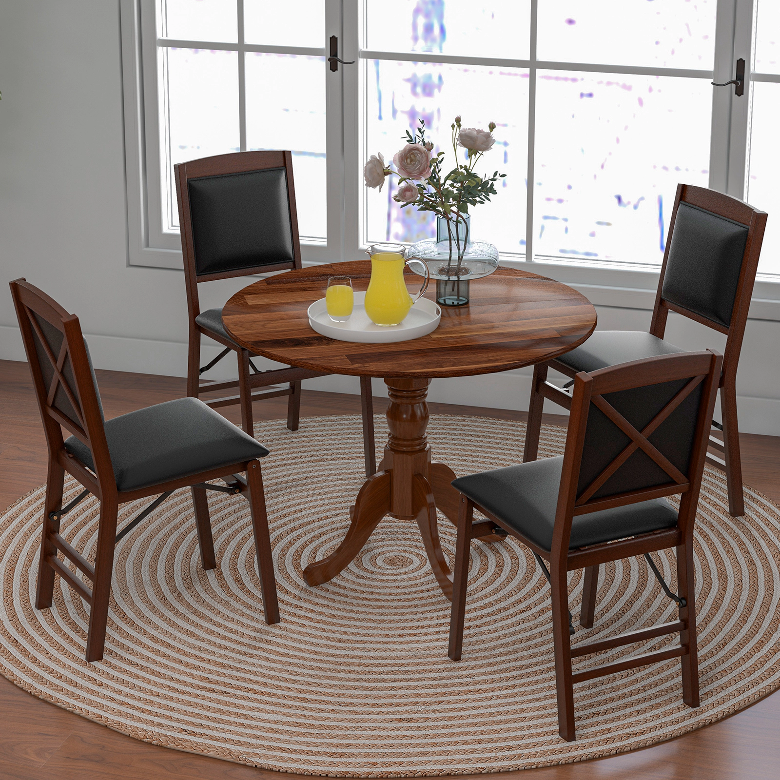SUGIFT 39-in 220-lb Capacity Round Rubber Wood Dining Table with Curved Trestle Legs and Adjustable Foot Pads