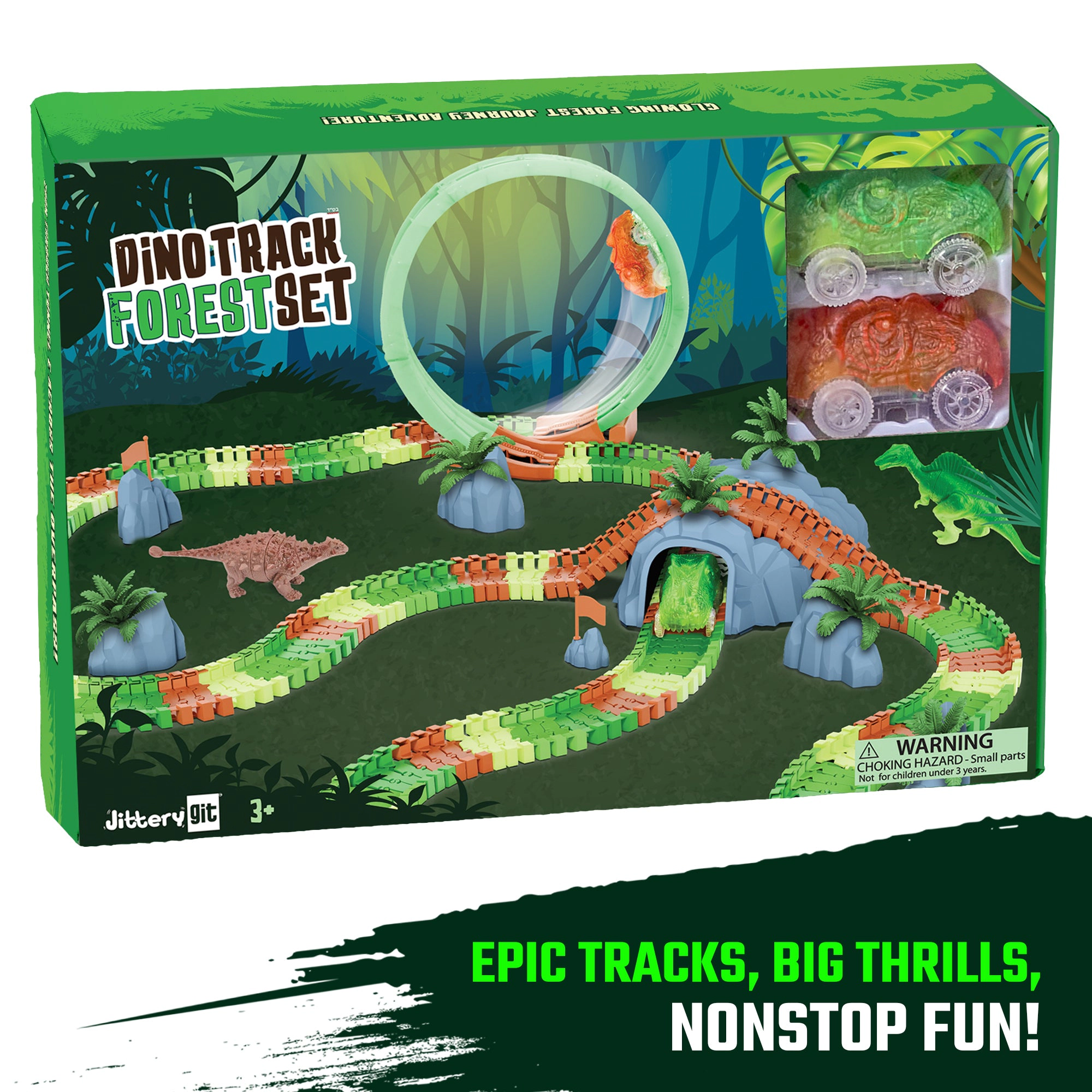 JitteryGit Kids Dino Track Forest Glow-in-the-Dark Race Set - 185-Piece Track with Loop & Dino Racers