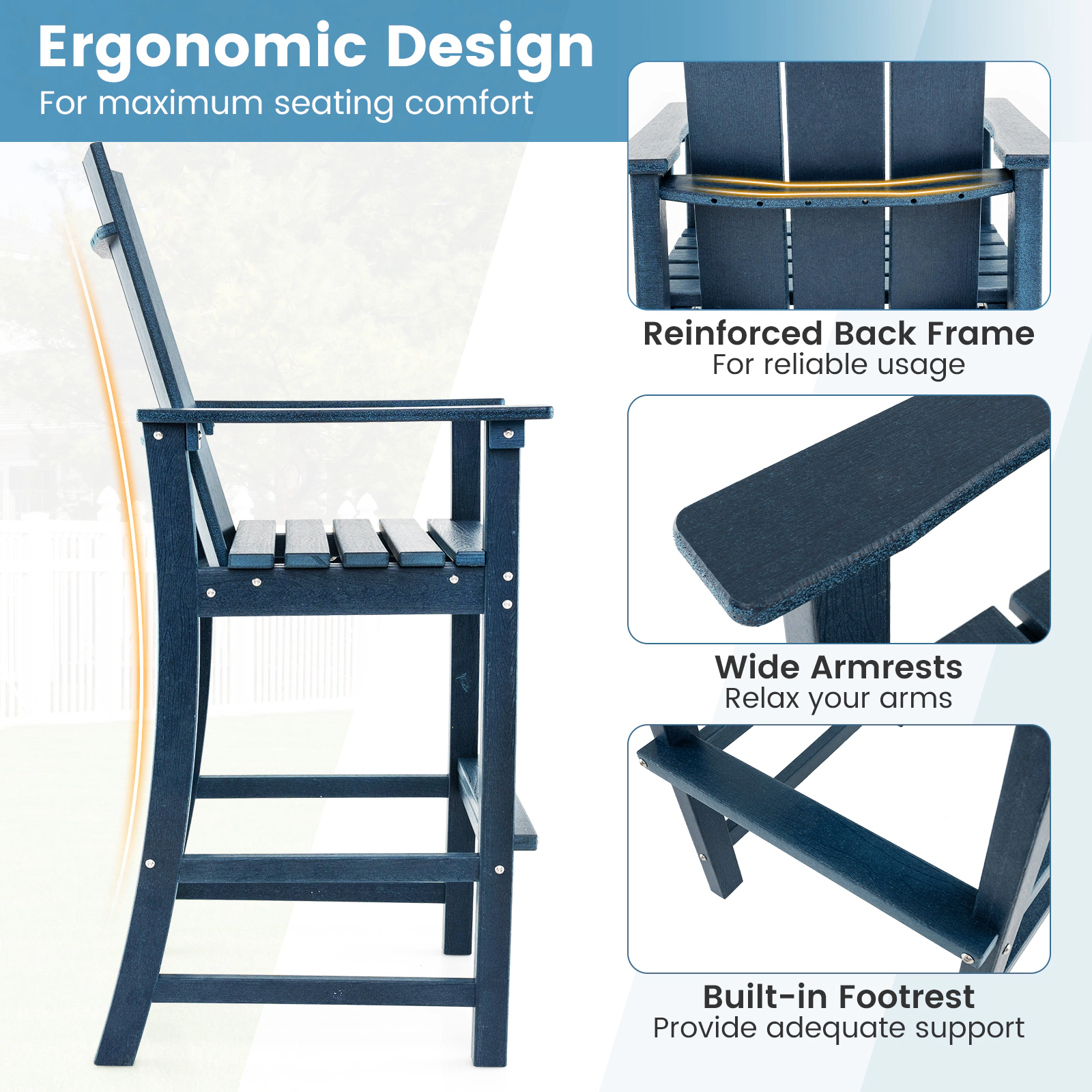 SUGIFT Tall Adirondack Outdoor Bar Chair Stool with Ergonomic High Backrest 330-lb Capacity Blue