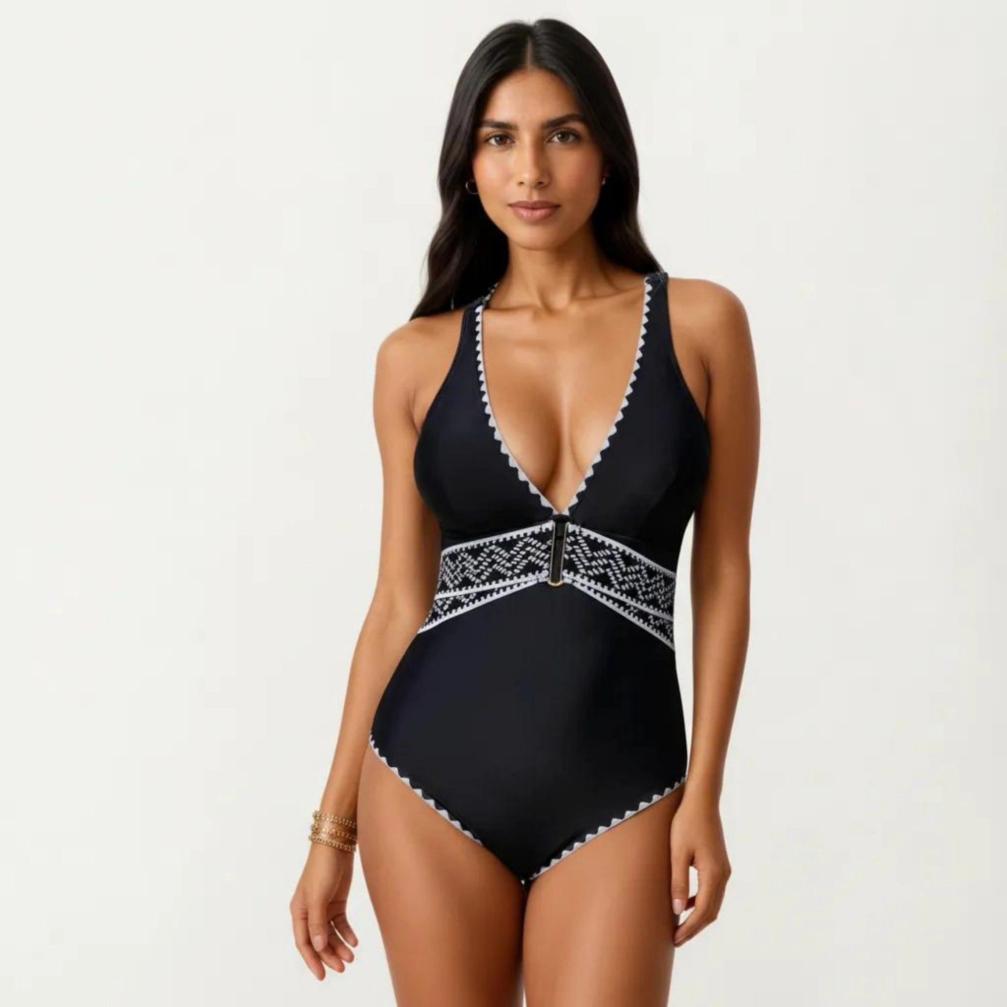 Anna-Kaci Women One Piece Swimsuit - Deep V Neck, Textured Waistband, Contrast Trim