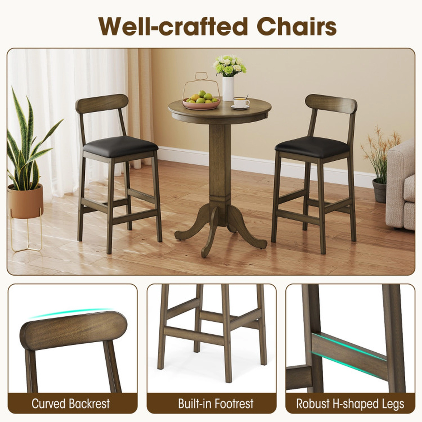 SUGIFT Upholstered Bar Stools with Curved Backs and Footrests 330-lb Capacity 29.5-in Seat Height Oak + Black