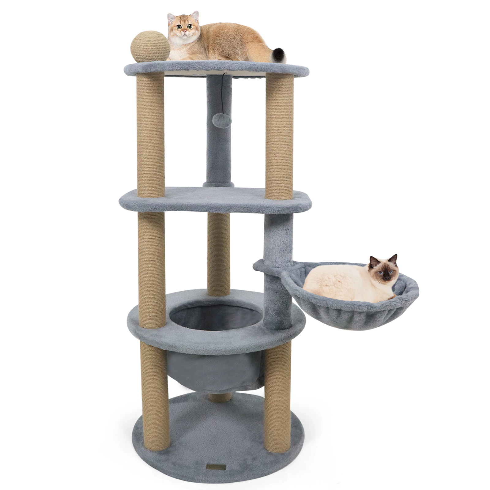Glintex 47-Inch Cat Tower with Cat Nest Basket and Top Scratching Ball, Gray